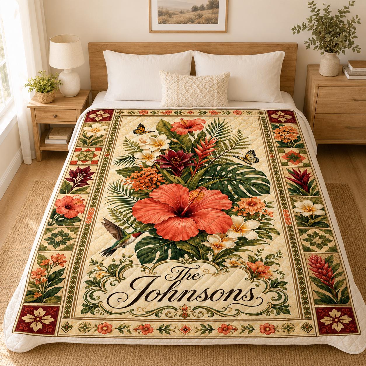Personalized Tropical Floral Quilt, Custom Family Name Hibiscus Hummingbird Quilt Blanket