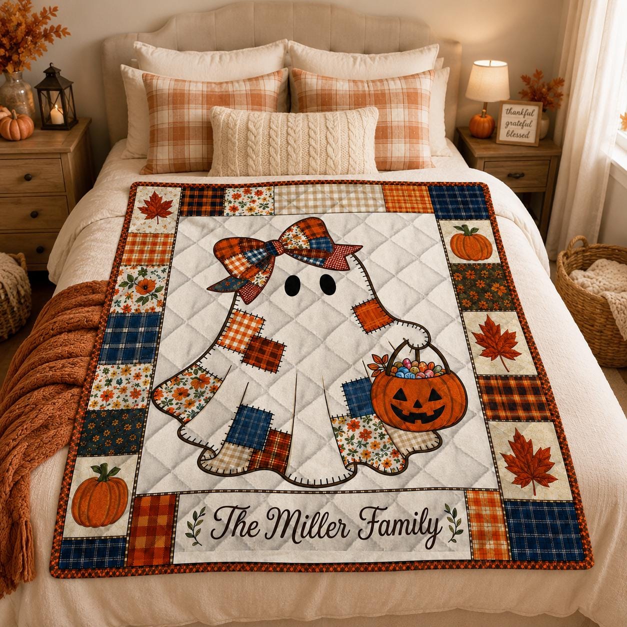 Personalized Halloween Cute Ghost Quilt, Custom Family Name Floral Blanket, Vintage Patchwork Pumpkin, Fall Bedding, Cozy Autumn Gift