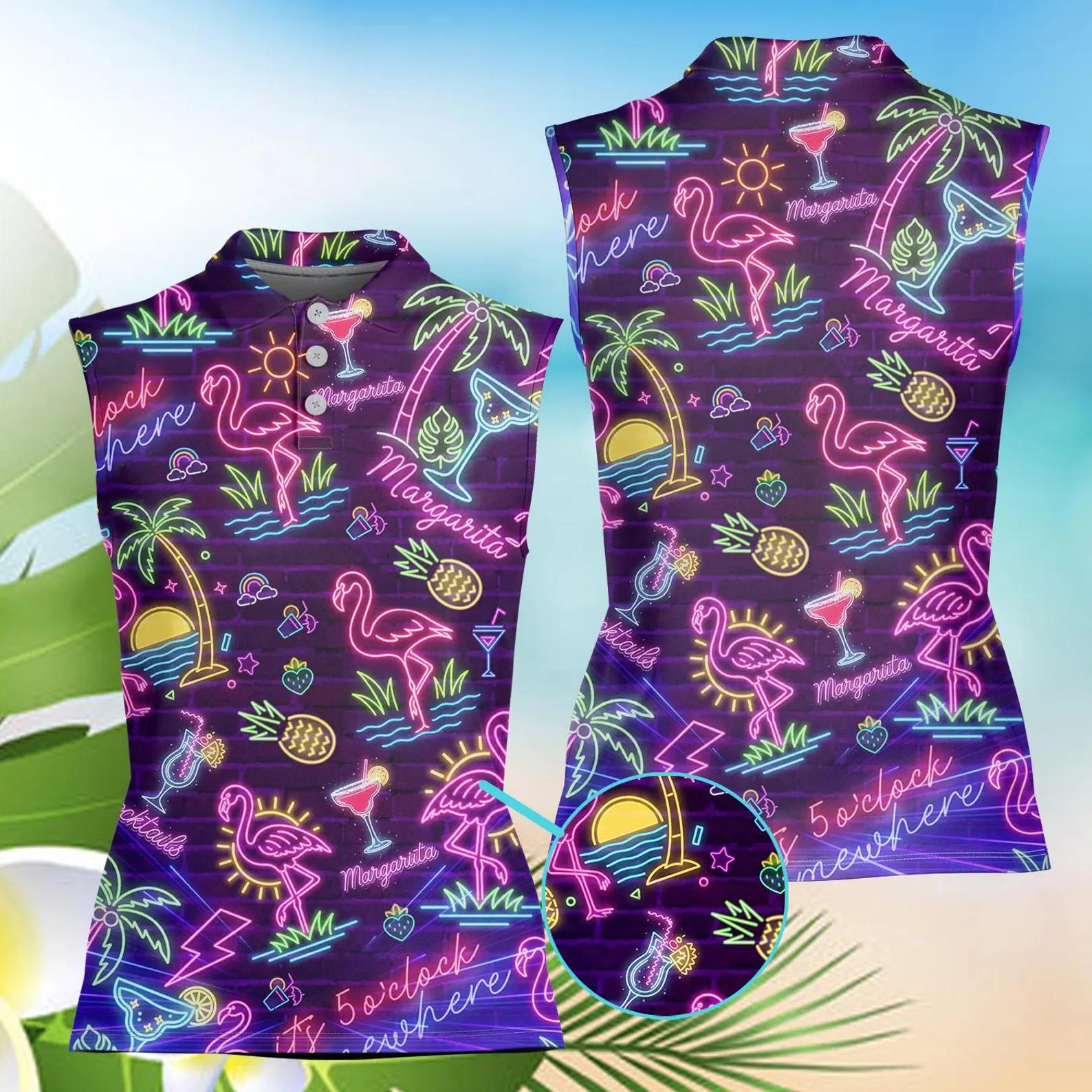 Women’s Neon Flamingo Sleeveless Polo Shirt, Tropical Golf Polo, Margarita Vacation Tank Top