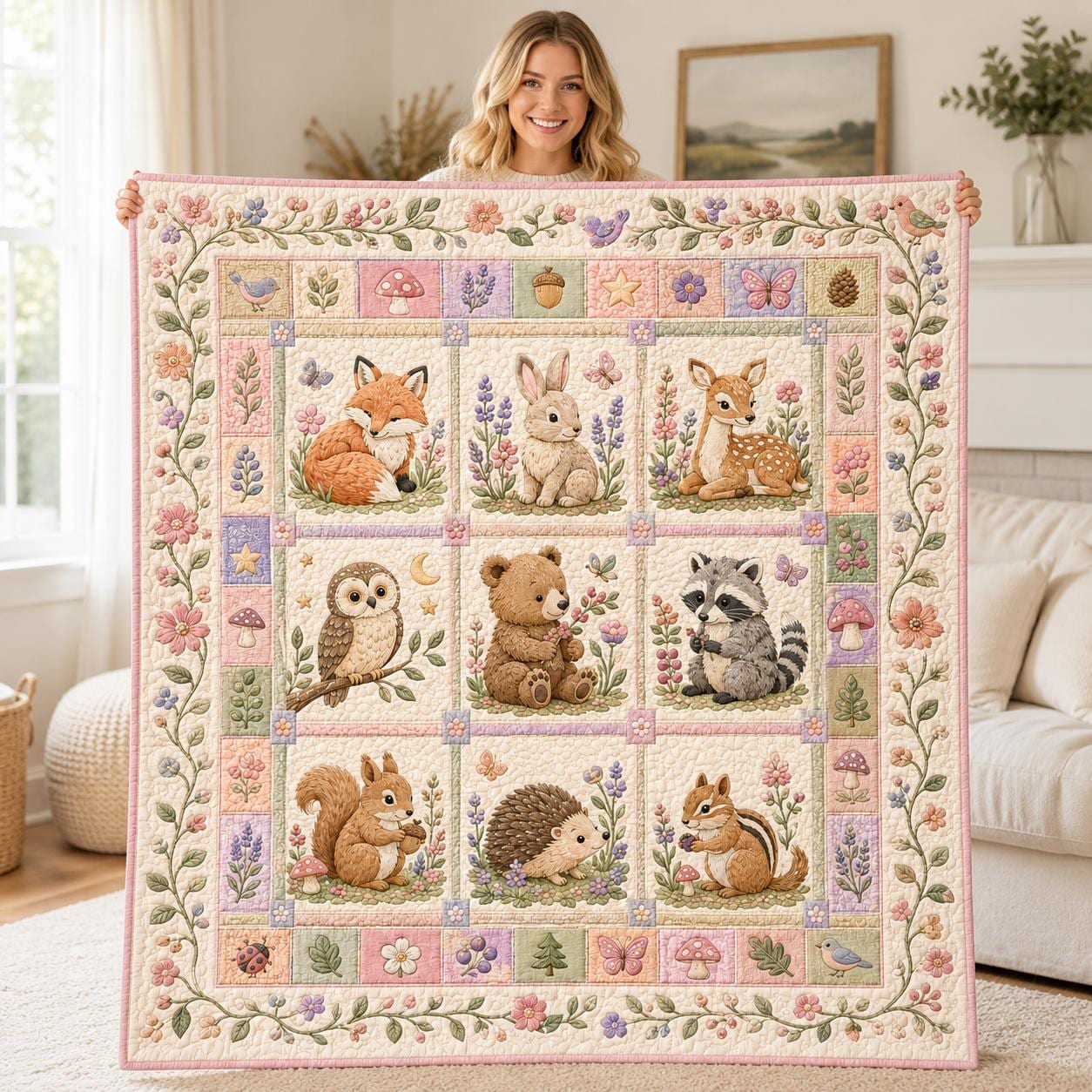 Woodland Animals Quilt Blanket - Pastel Floral Nursery for Kids' Room
