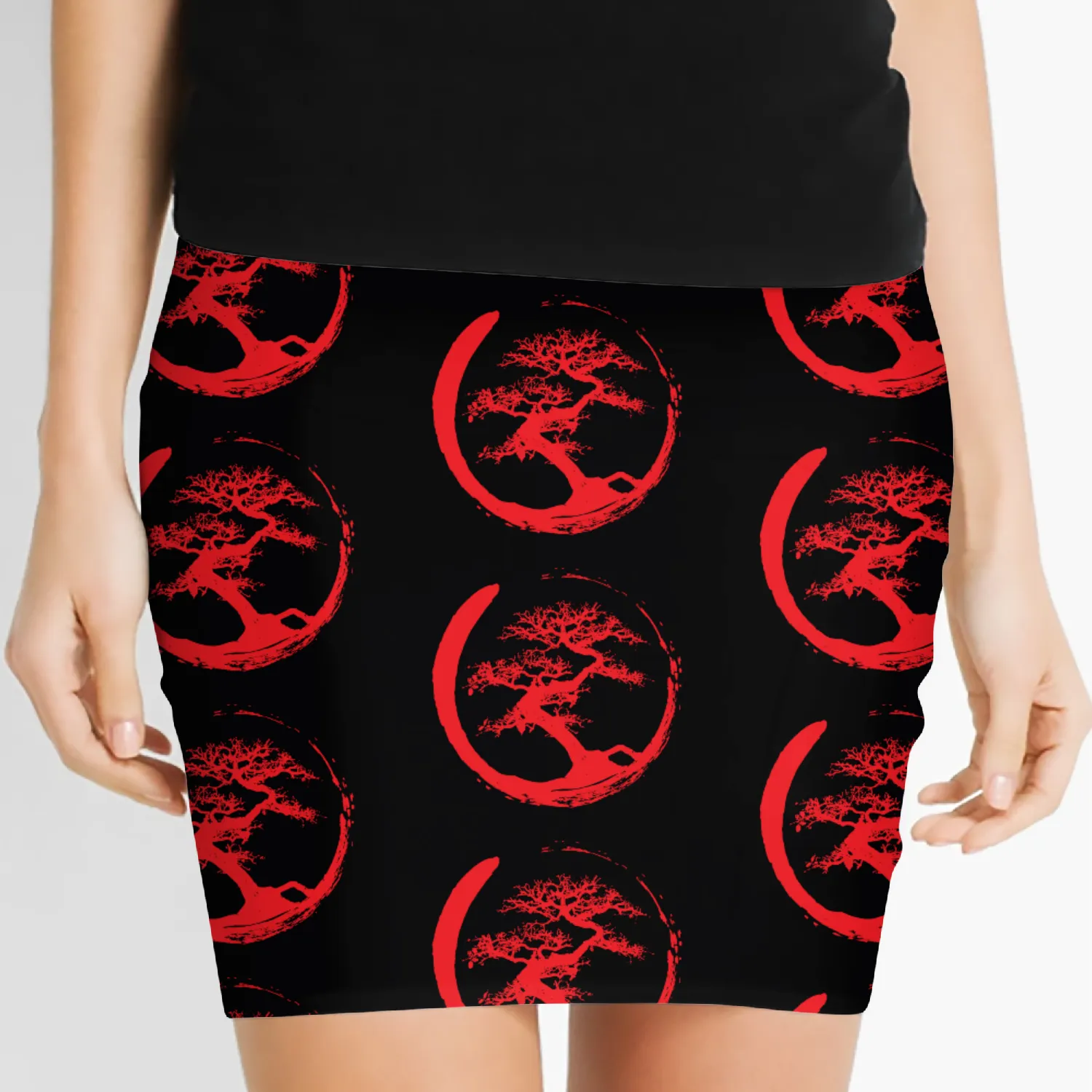 Zen Bonsai Tree in Enso Circle (red) Women's Mini Skirts