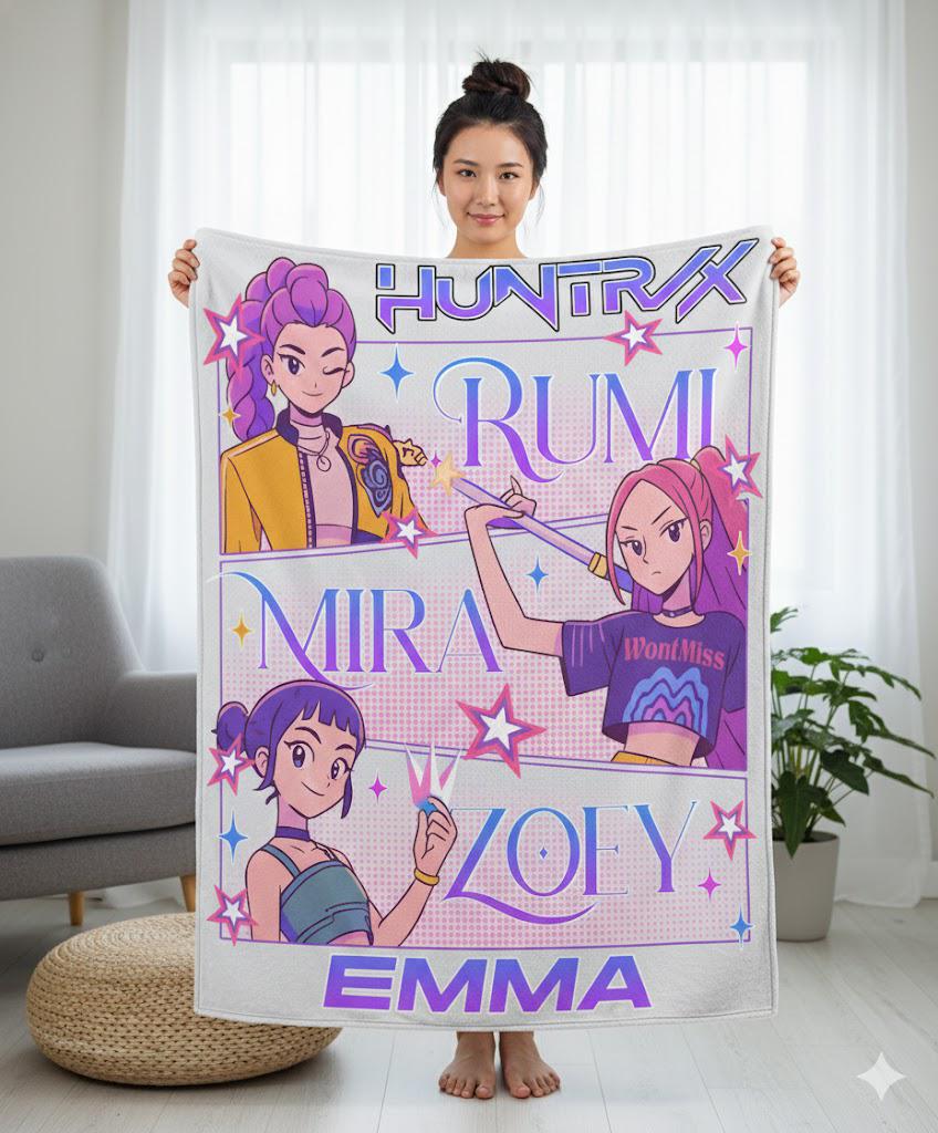 Custom Name K-Pop Demon Hunters Blanket, Cute Anime Blanket for Fans, Fun Gift for K-Pop Lovers