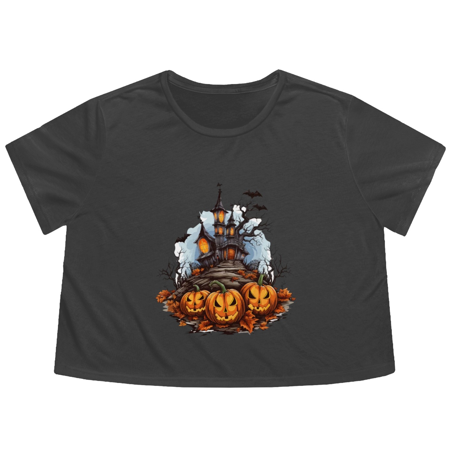 Halloween Pumpkin Bat Spell Haunted House Flowy Cropped Tees