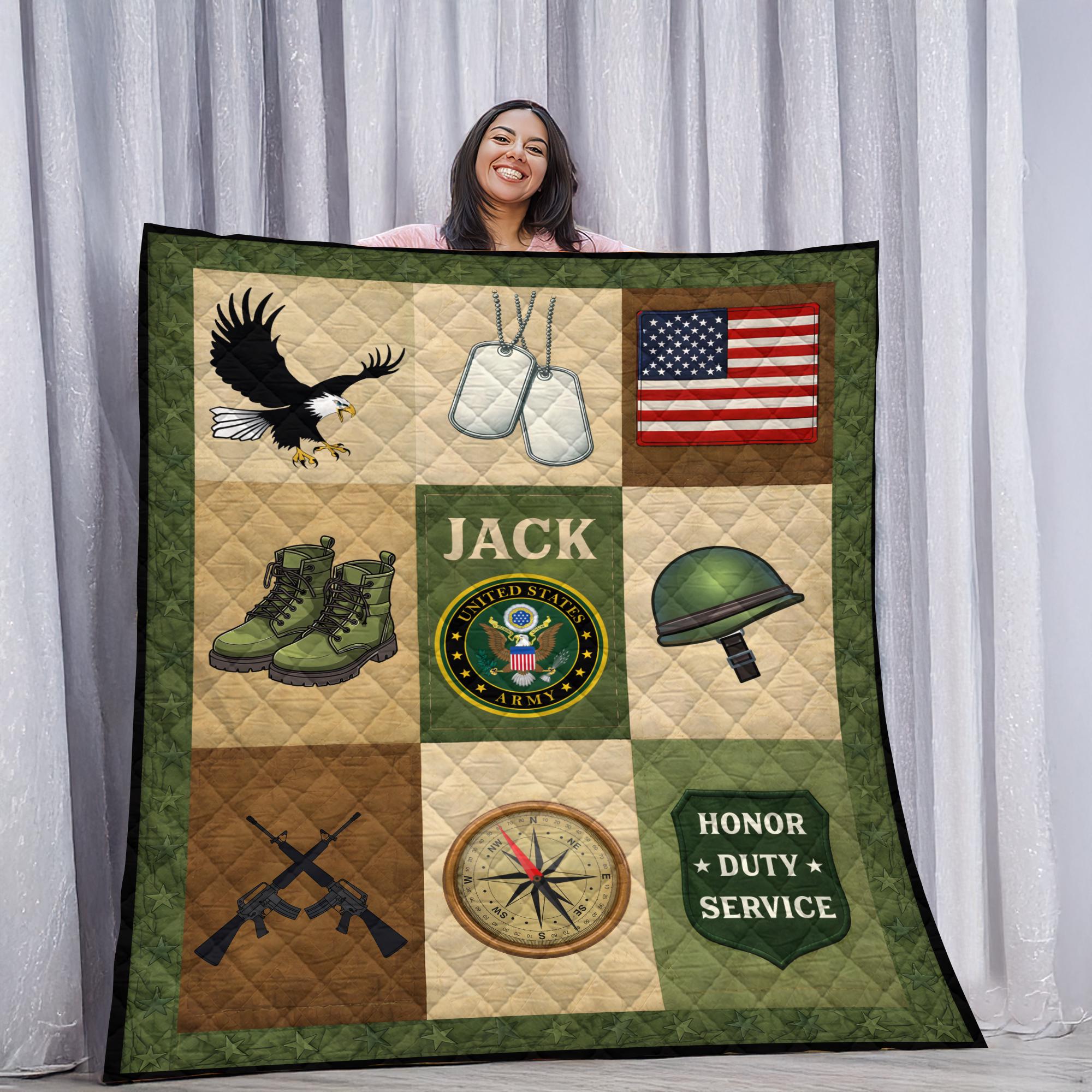 Personalized Army Veteran Quilt with Name and Military Patchwork for Retirement Gift