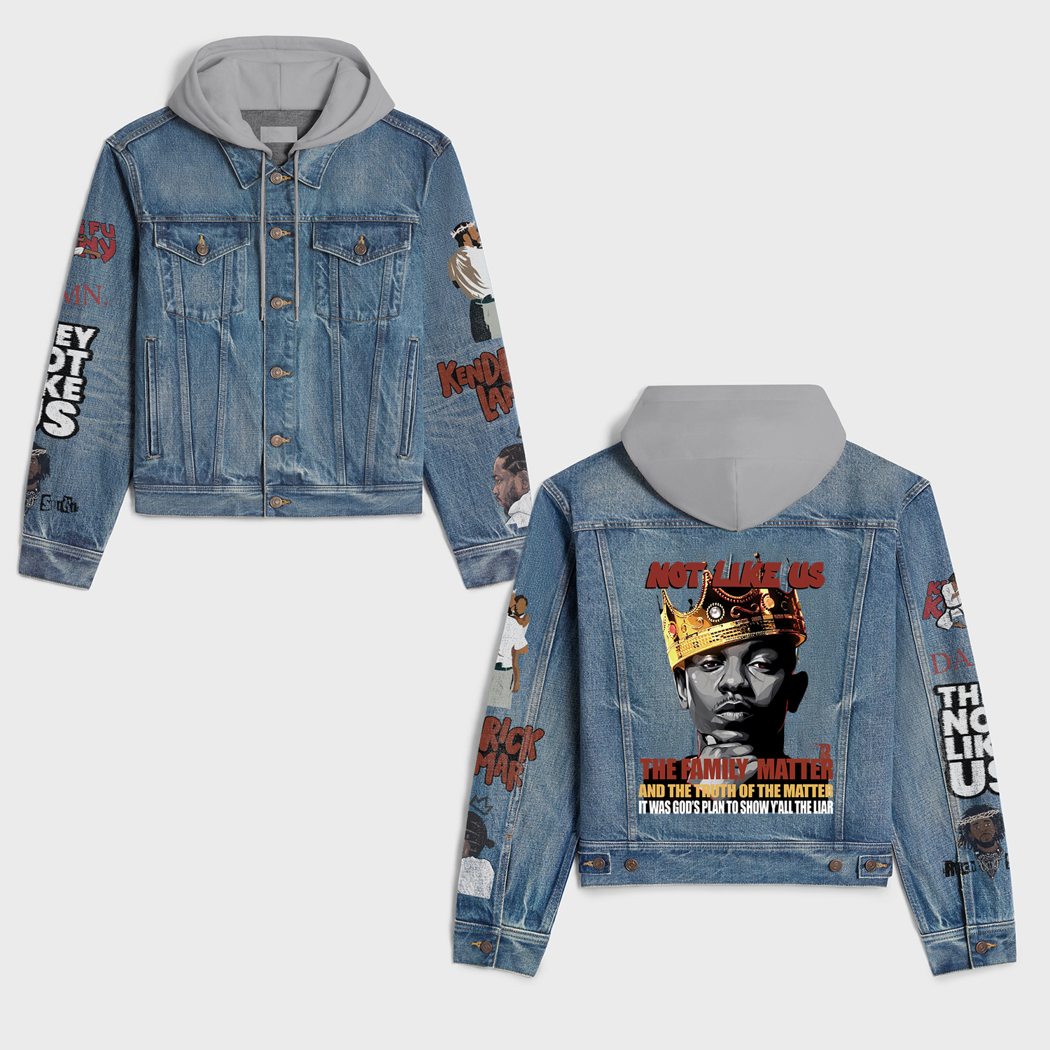 Kendrick Lamar Denim Jacket, Not Like Us The Family Matter Hooded Denim Jacket, Kendrick Lamar Concert 2025 Jacket For Kids And Youth
