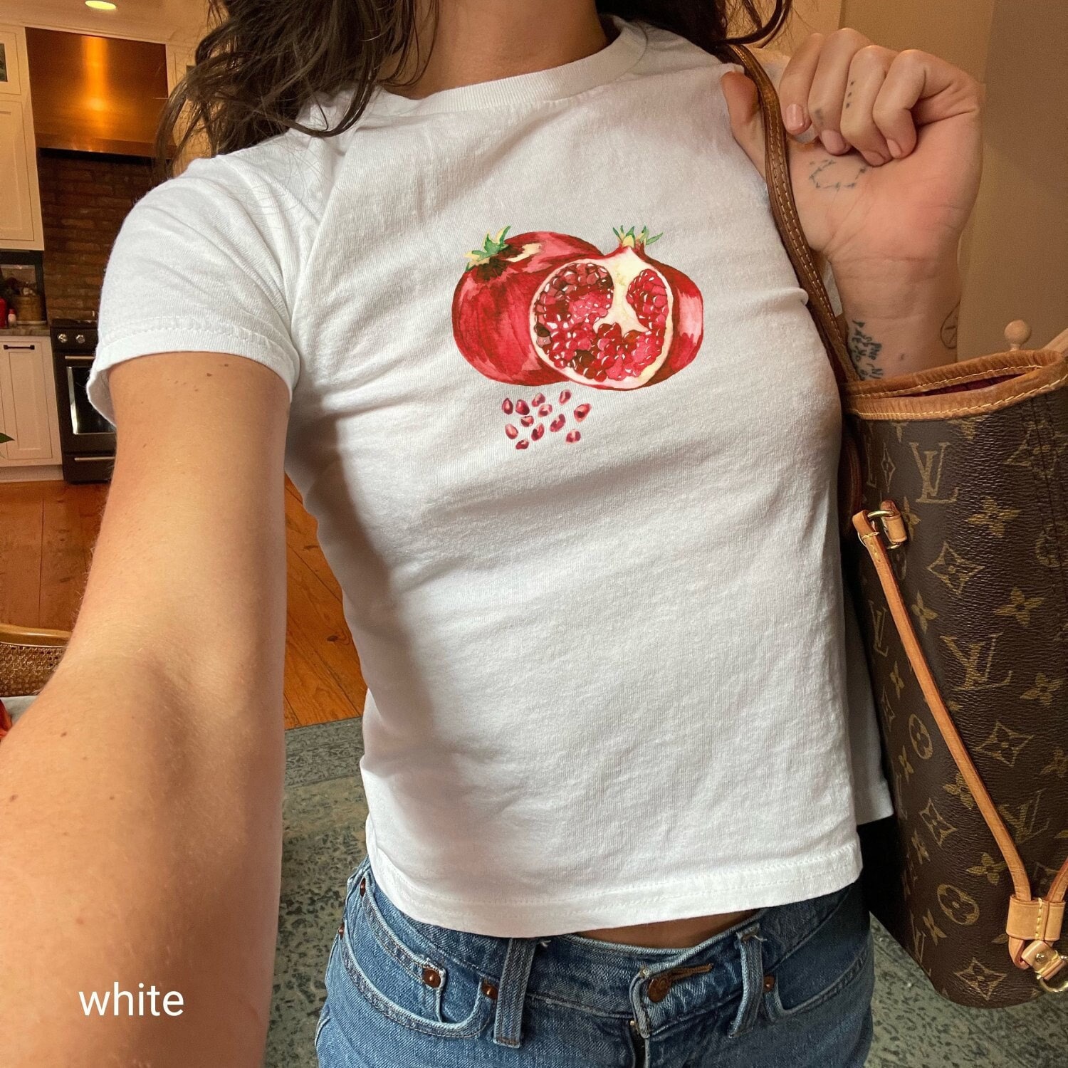Y2K 90s Baby Tee, Watercolor Pomegranate Design, Vintage Style Graphic T-Shirt, Aesthetic Fruit Print Top, Retro Casual Wear