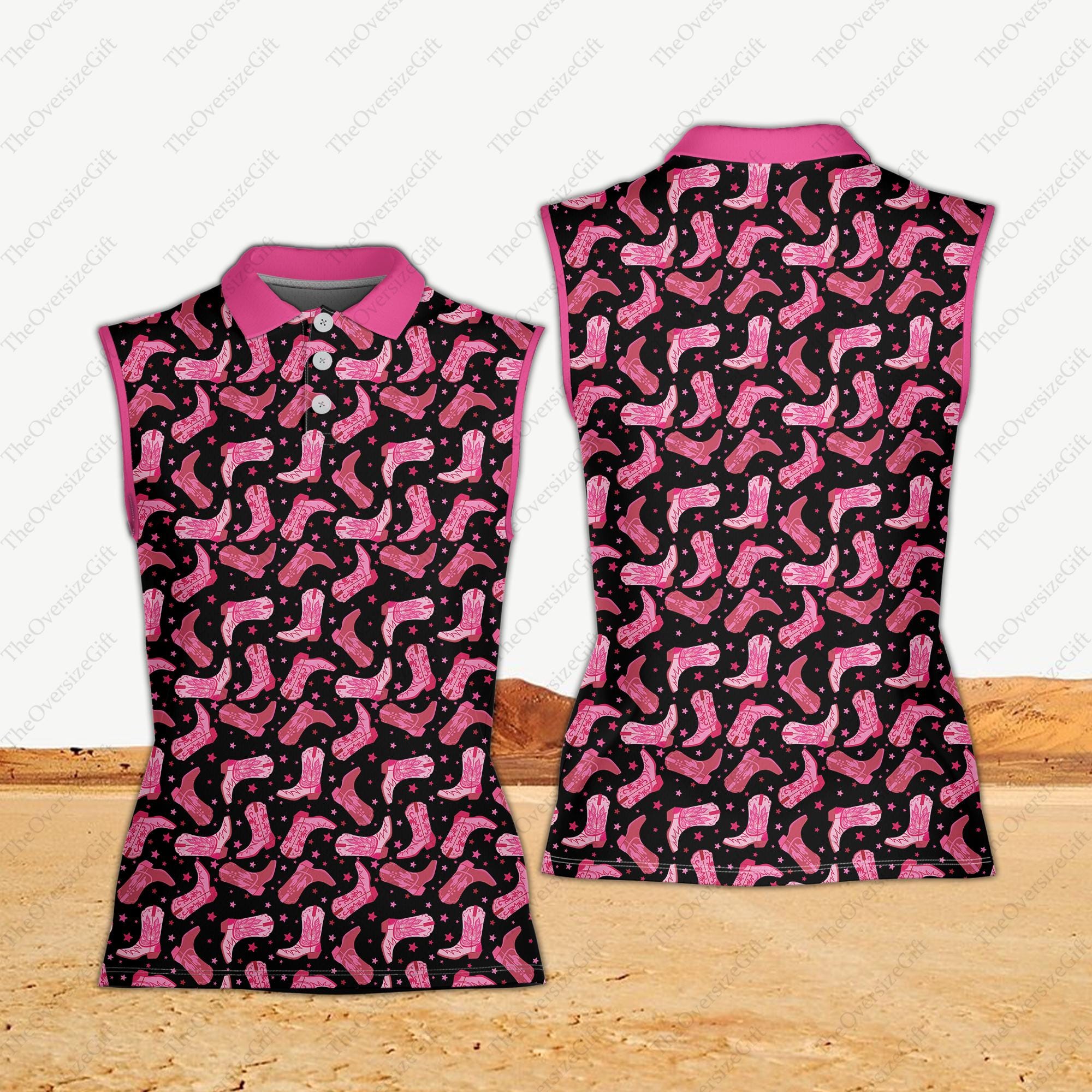 Women’s Sleeveless Polo Shirt - Western Cowboy Golf Tee with Cowgirl Boots Design
