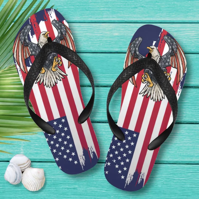 Bald Eagle American Flag Flip Flops, Patriotic USA Sandals for 4th of July