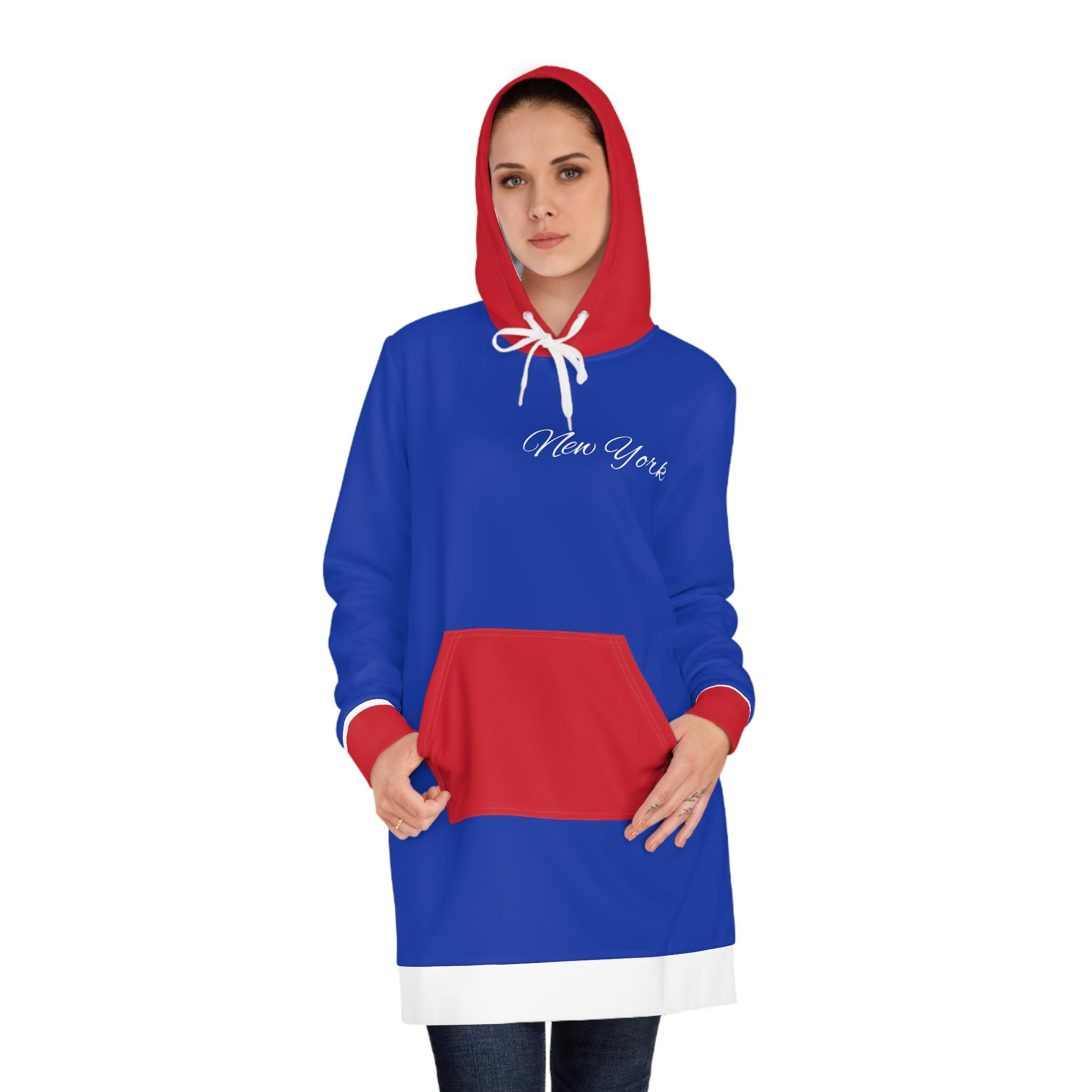 New York Hockey Themed Women's Hoodie Dress, Cute Rangers Hockey Sweater Dress, NY Rangers Hockey Hoodie, Gift for women