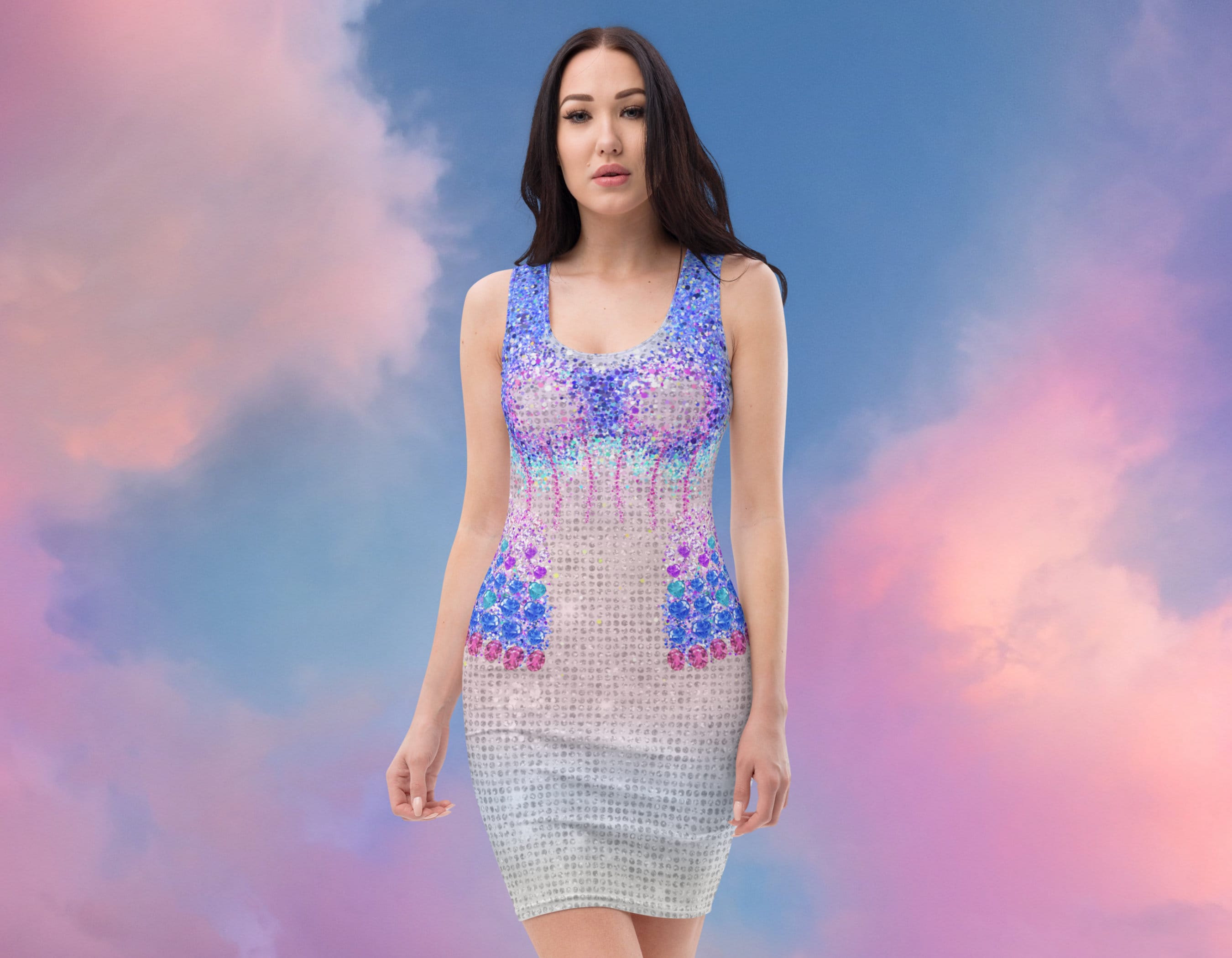 concert outfit, pastel, printed on jewels, bejeweled, pink purple blue ombre, women's dress (not real sparkles or jewels)