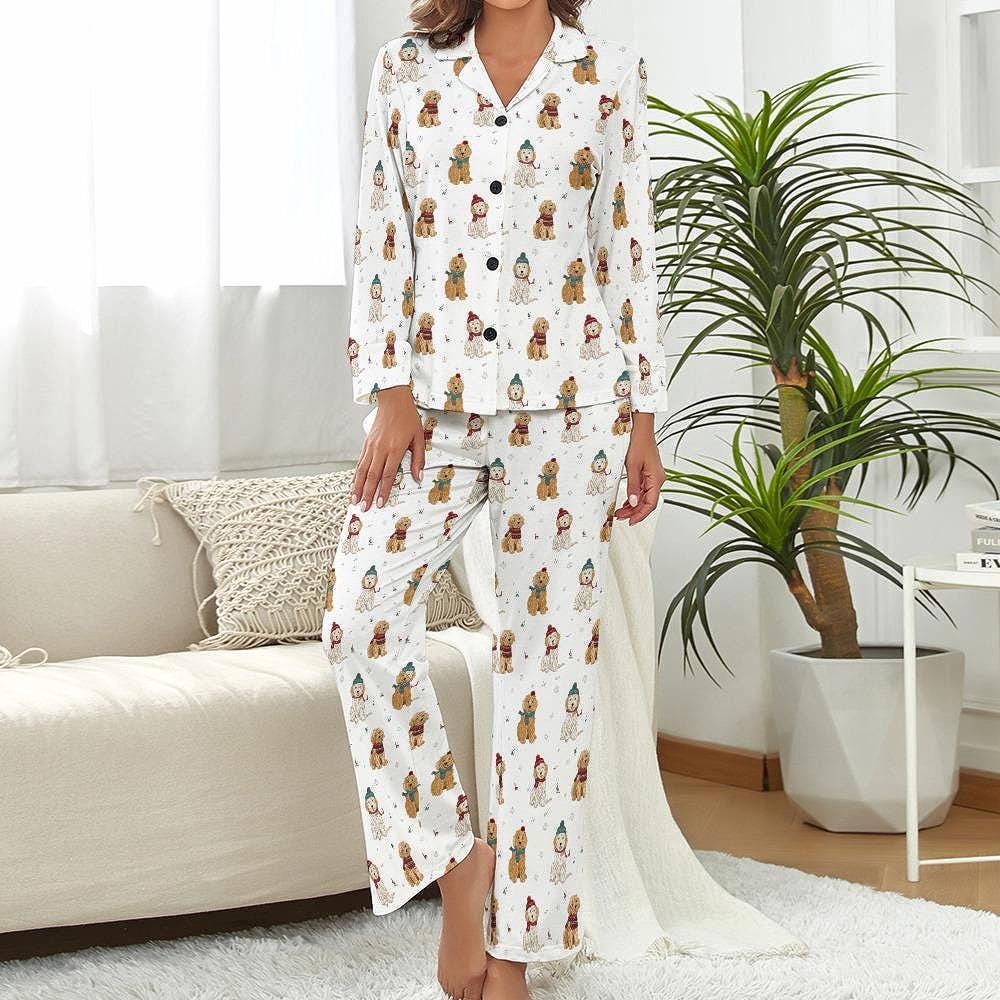 Goldendoodle Dog Christmas Pajamas Cozy Winter PJs with Doodle Print Cottagecore Holiday Sleepwear Cute Dog Lover Gift Festive Hygge Style
