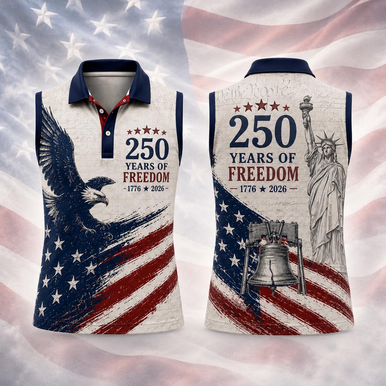America 250th Anniversary Sleeveless Golf Polo, 1776 2026 Patriotic USA Golf Shirt, 250 Years Of Freedom Polo, Eagle Liberty Bell Golf Top