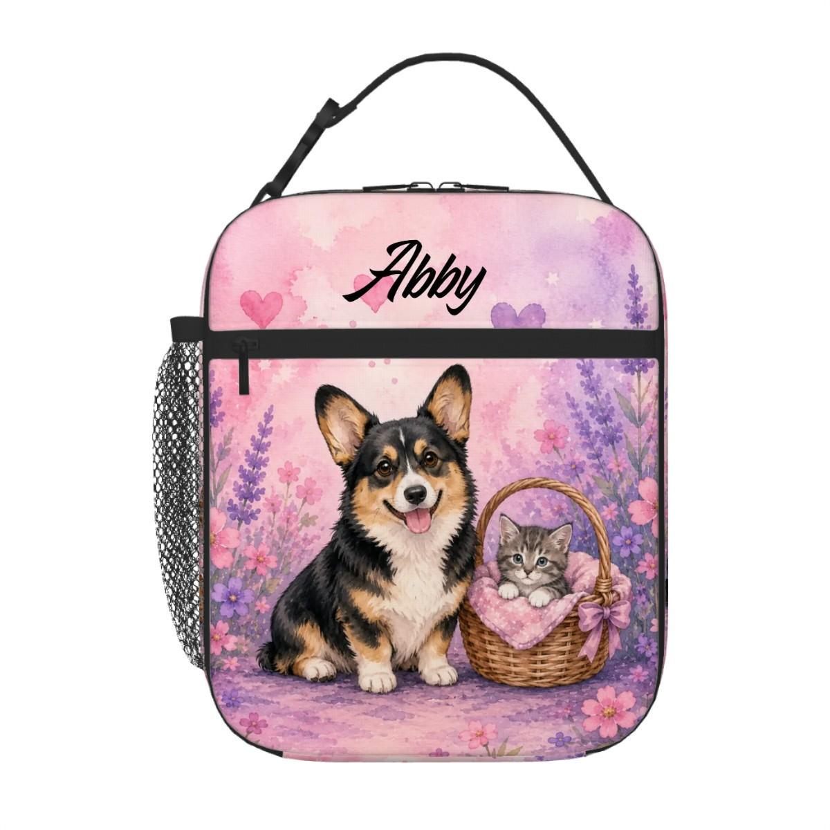 Cute Corgi and Kitten in a Basket Lunch Bag
