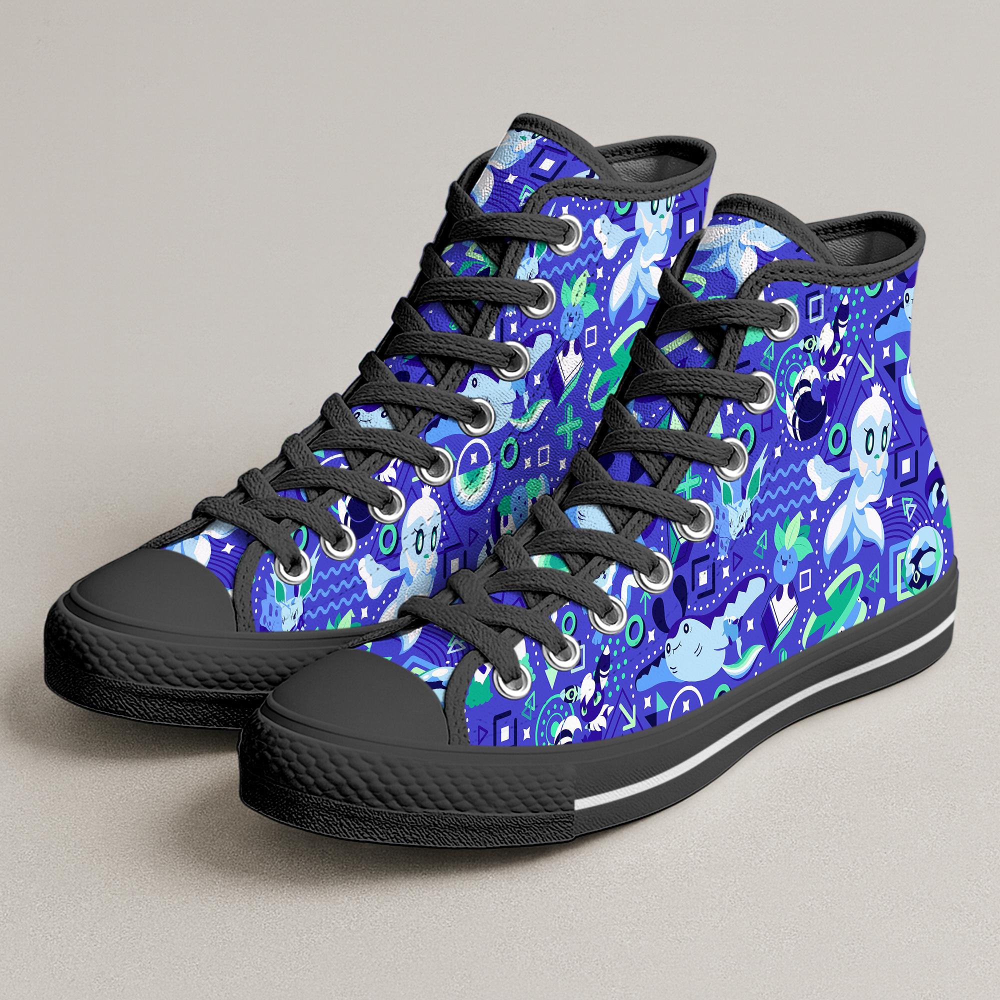 Vaporeon Mantyke High Top Shoes, Ocean Wave Kawaii Blue Sneakers, Cute Printed Shoes, Vaporeon Shoes Gifts