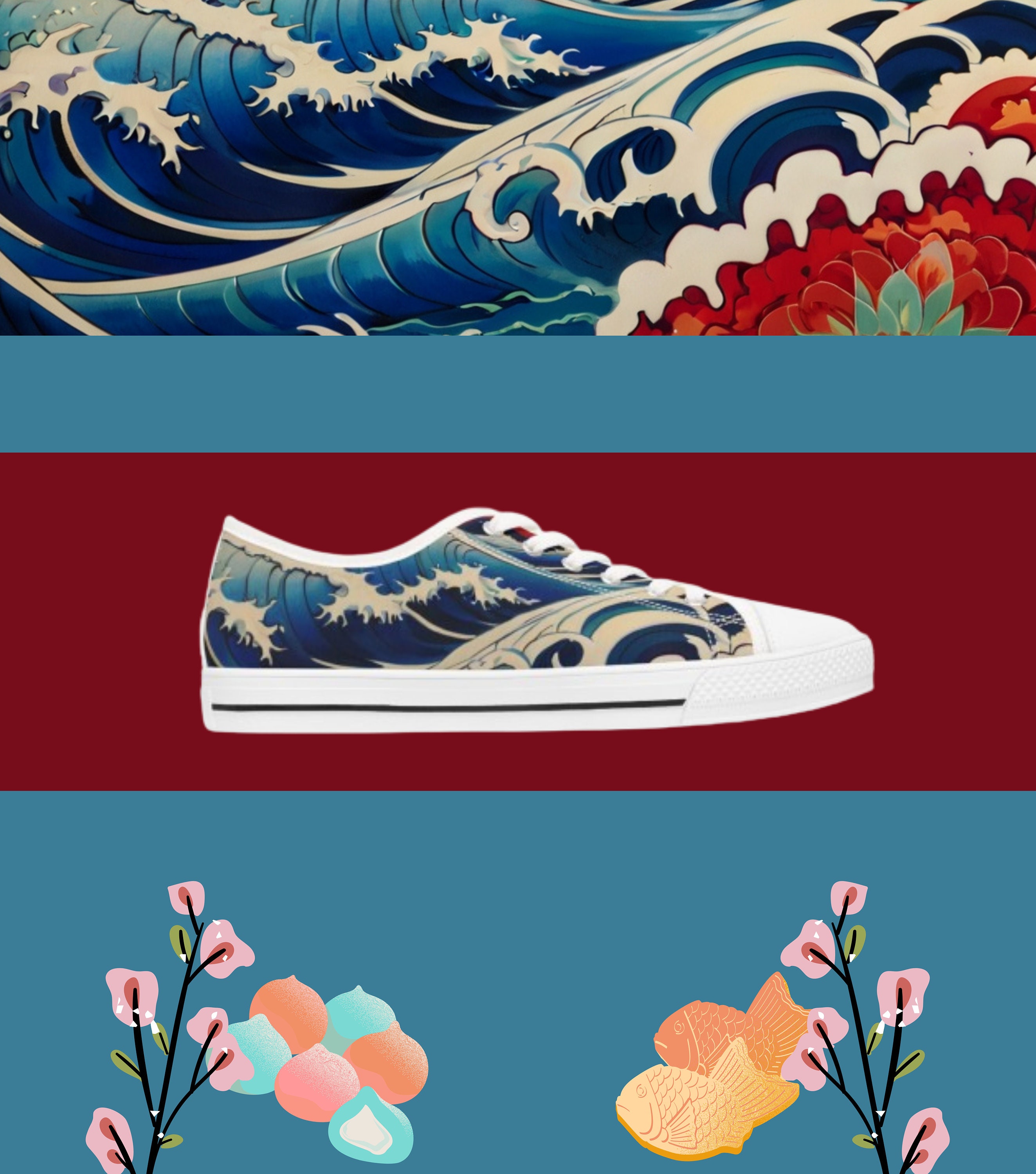 Kanagawa Japan Art Woman Sneakers, Stylish Low Top Canvas Shoes, Everyday Wear, Gift for Friends | Japanese Waves Art