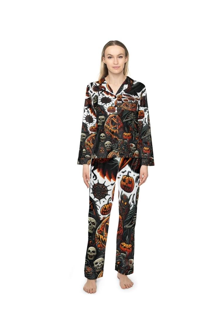 Satin Pajamas, Halloween Evil Pumpkins Bats Monsters, Women's Nightwear Sleepwear, Scary Sleep Set
