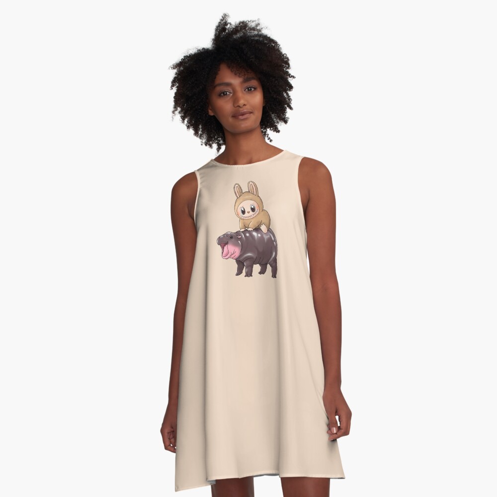 Labubu Riding Moo Deng Macaron Soy Milk Baba Cute A-Line Dress, Gift for Her