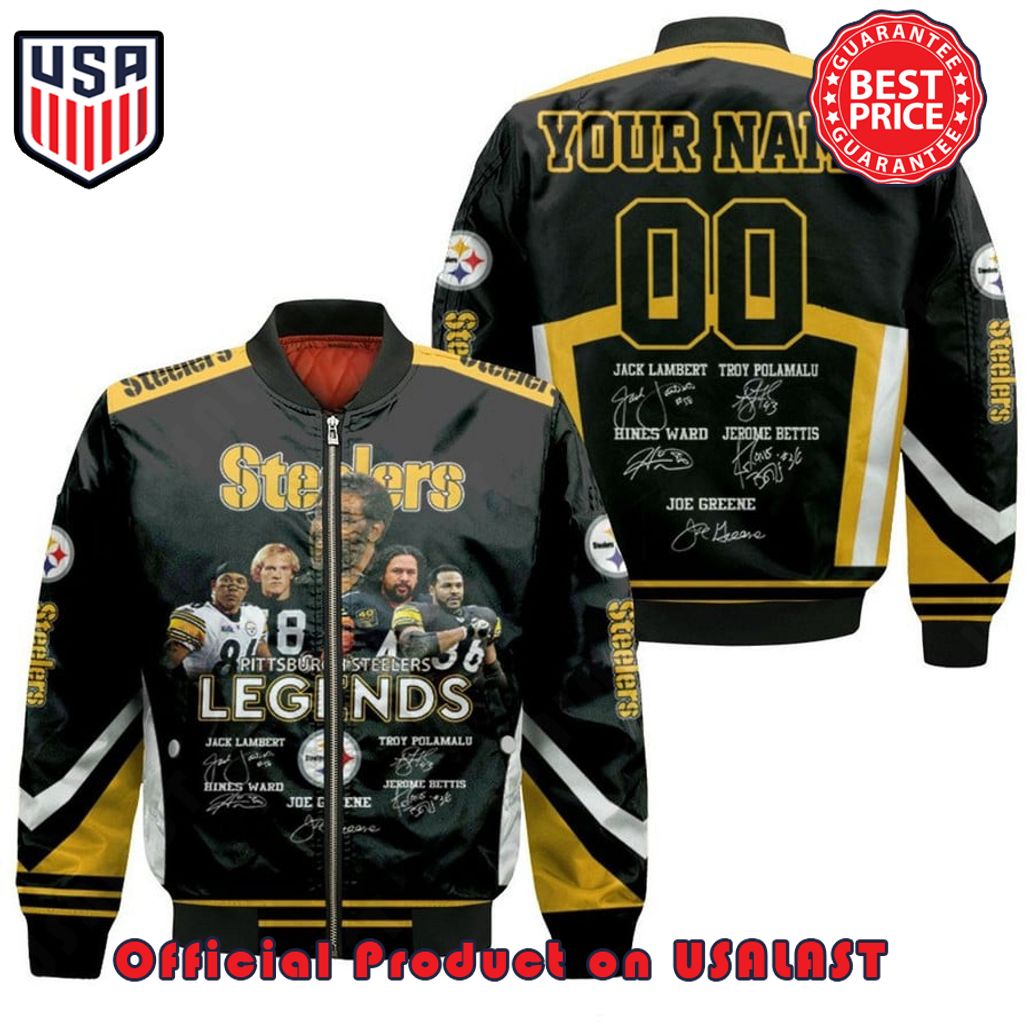 PITTSBURGH Steeler LEGENDS SIGNATURE SIGNED GREAT PLAYERS PATTERN CUSTOM NAME NUMBER BOMBER JACKET