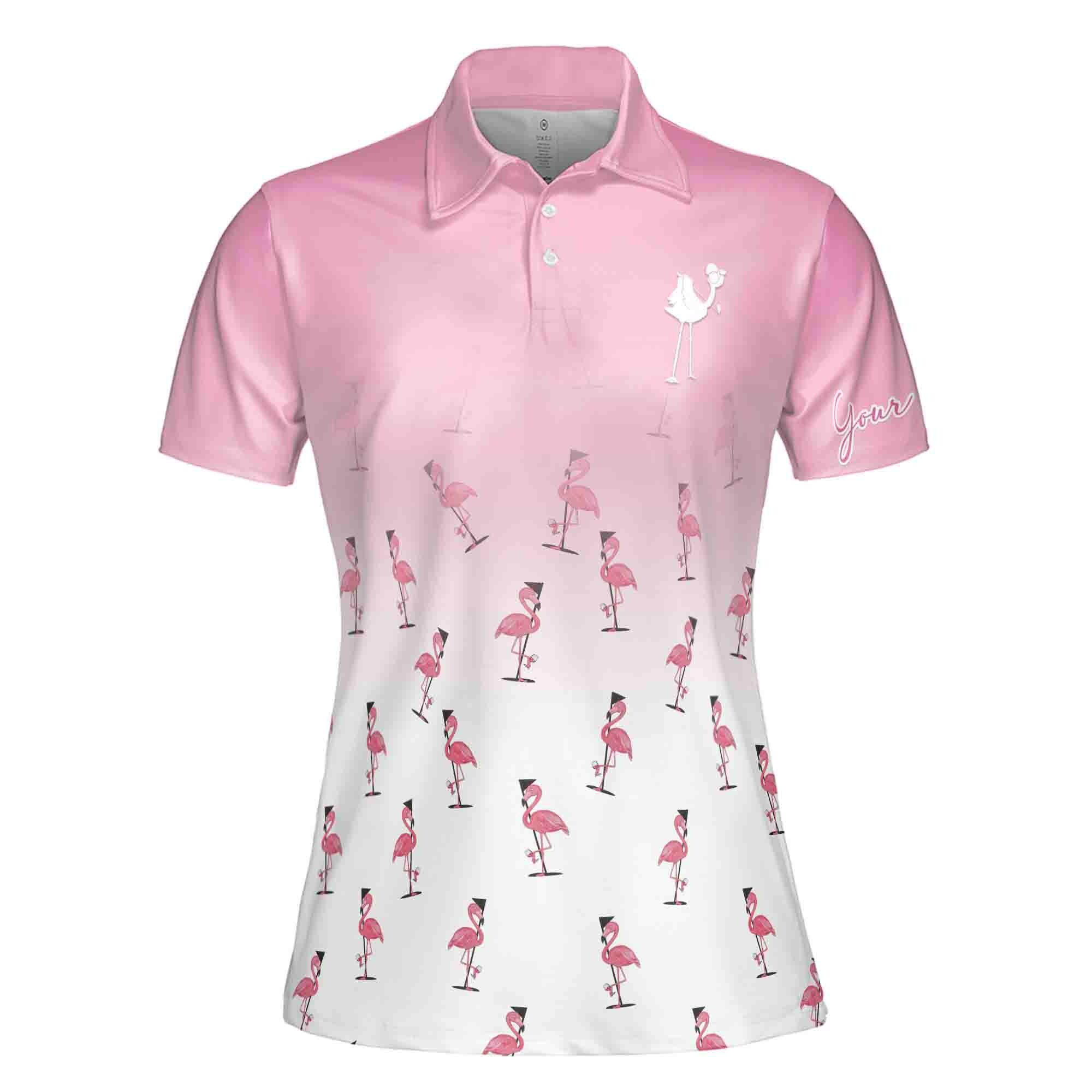 Custom Name Pink And White Golf Flamingo Talk Birdie To Me Women's Polo Shirt
