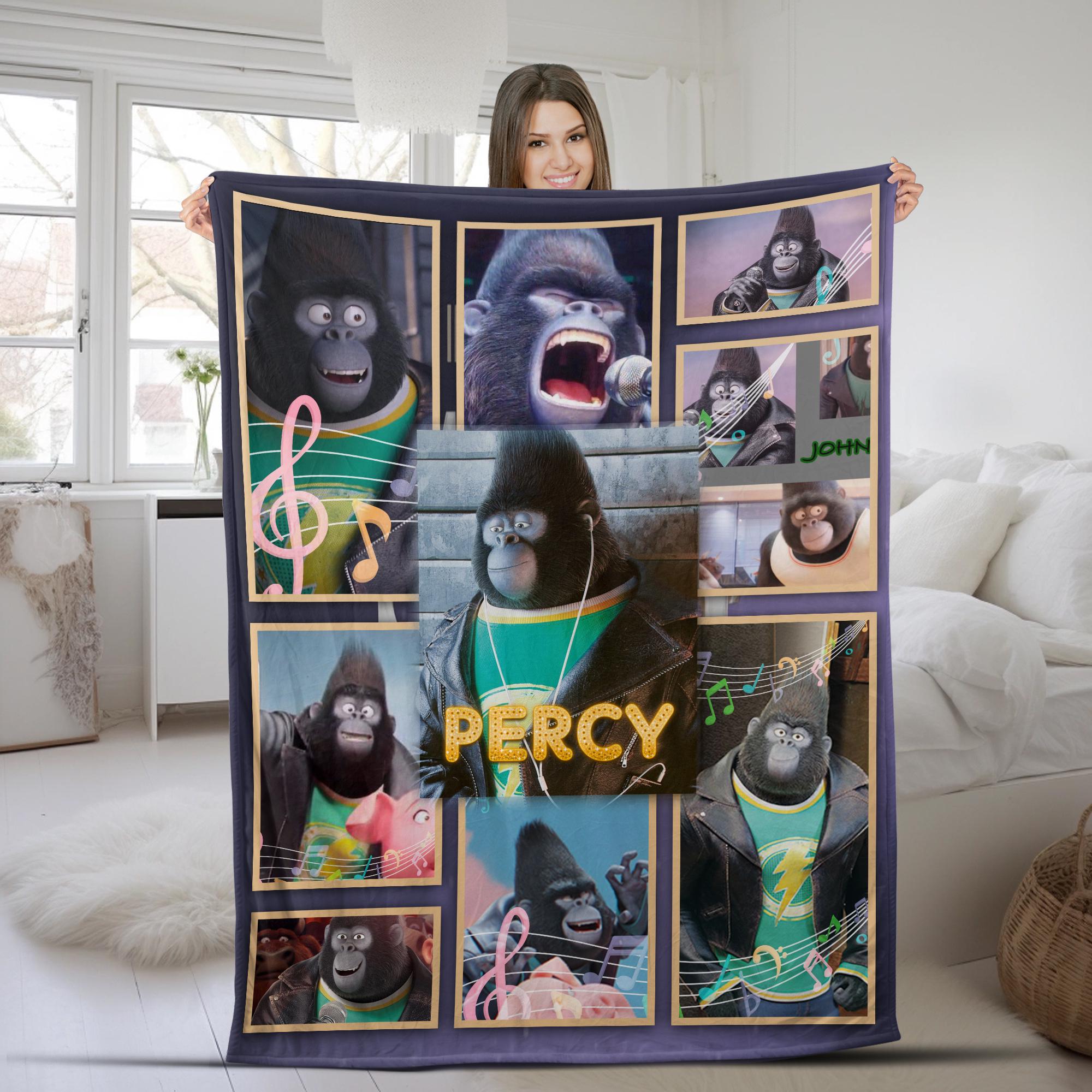 Personalize Sing Pig Gorilla Johnny Blanket, Sing 2 Movie Cartoon, Birthday Gift Baby Name Blanket, Sing Characters Blanket