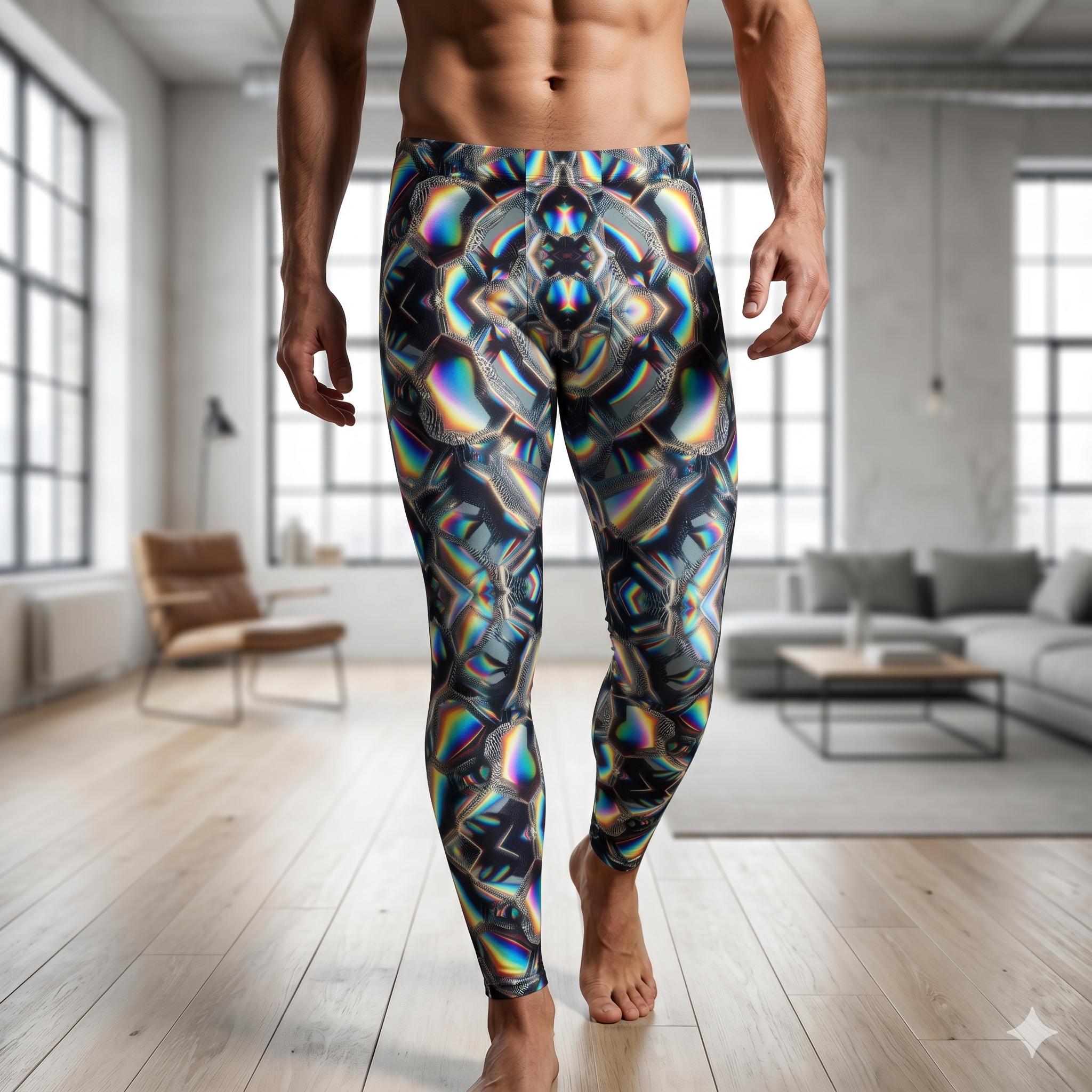 Radioactive Crystal Psychedelic Mens Leggings, Trippy Rave Festival Pants, Workout Cycling Athletic Fitness Running Exercise Wrestling Pants