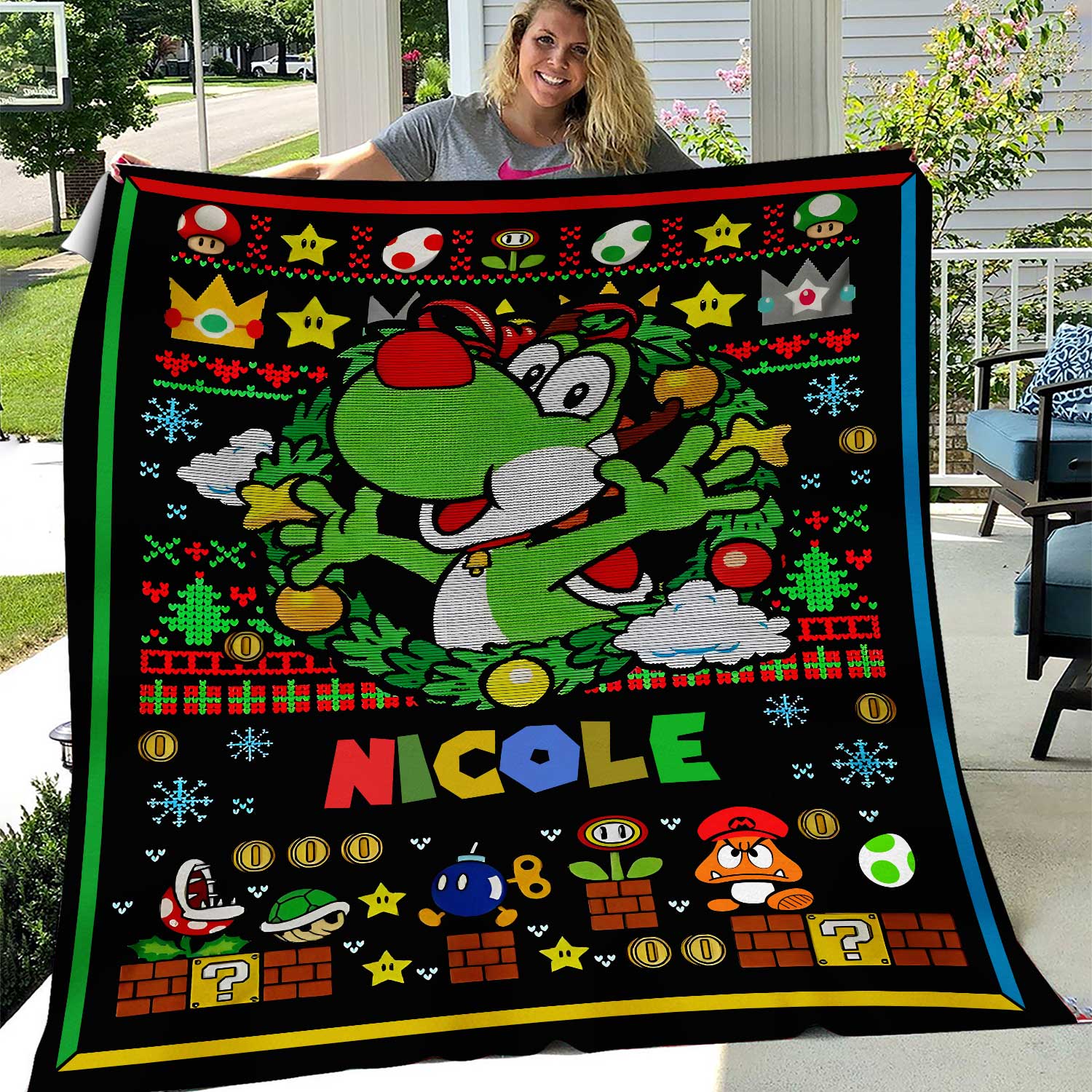 Personalized Super Mario Yoshi Ugly Christmas Blanket, Mario Yoshi Quilt Blanket, Super Mario Blanket, Super Mario Christmas Gift