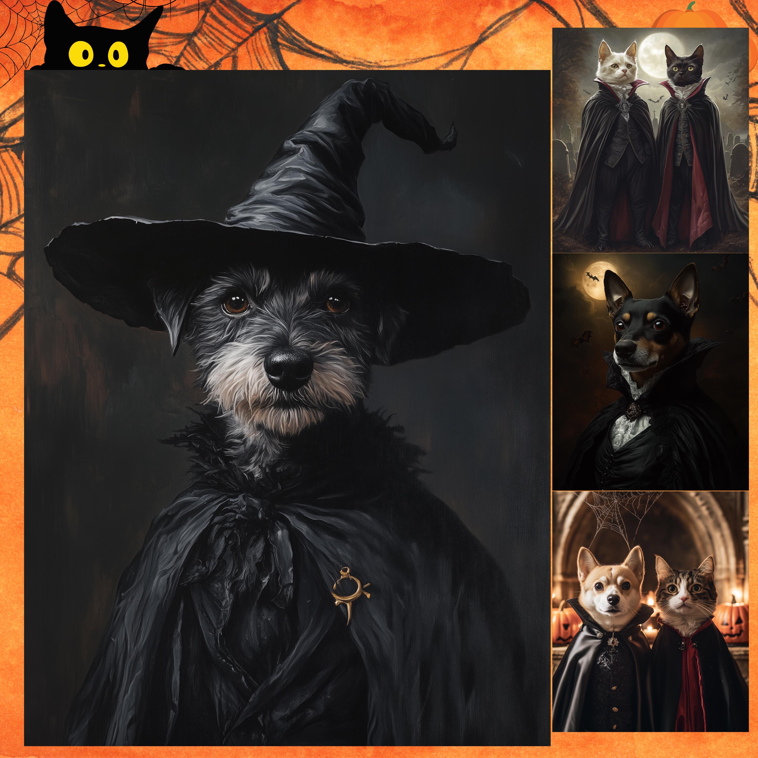 Custom Halloween Pet Portrait, Witch-Themed Pet Art, Portrait, Canvas Poster, Halloween Decor, Gift for Pet Lovers