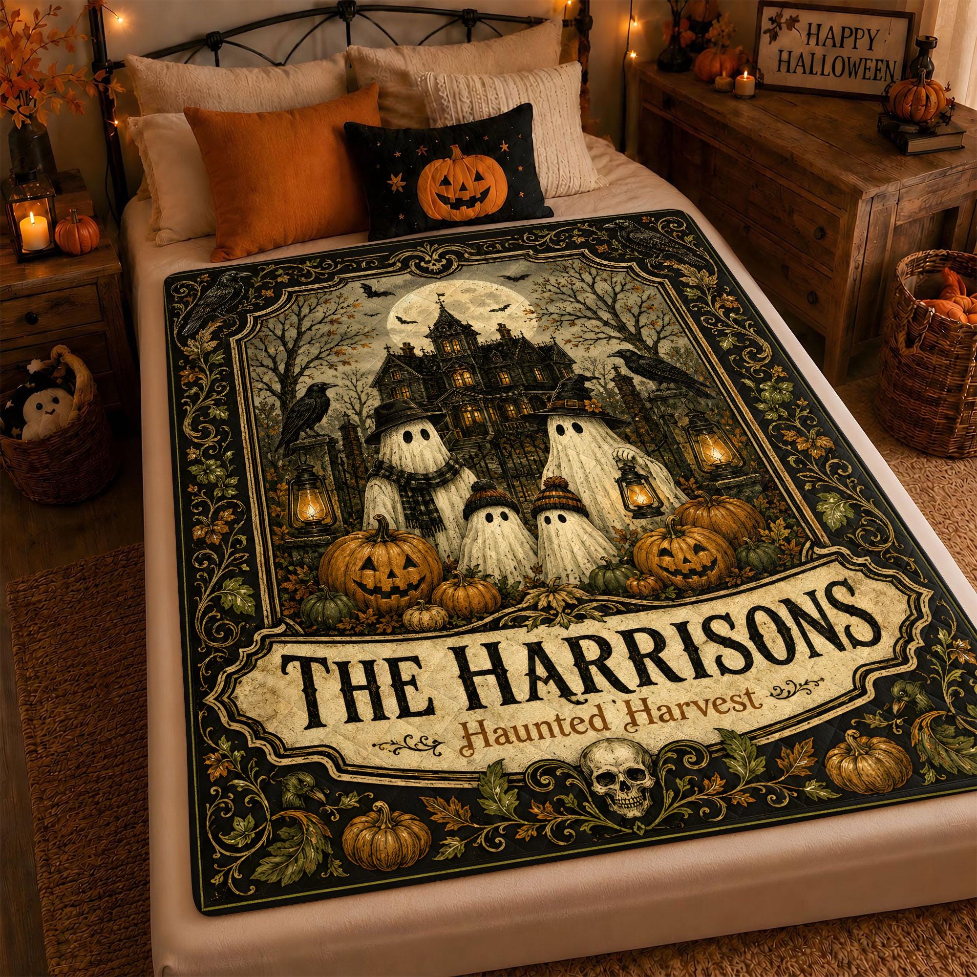 Personalized Haunted Harvest Quilt, Custom Family Name Halloween Ghost, Gothic Haunted House Pumpkin Fall Decor