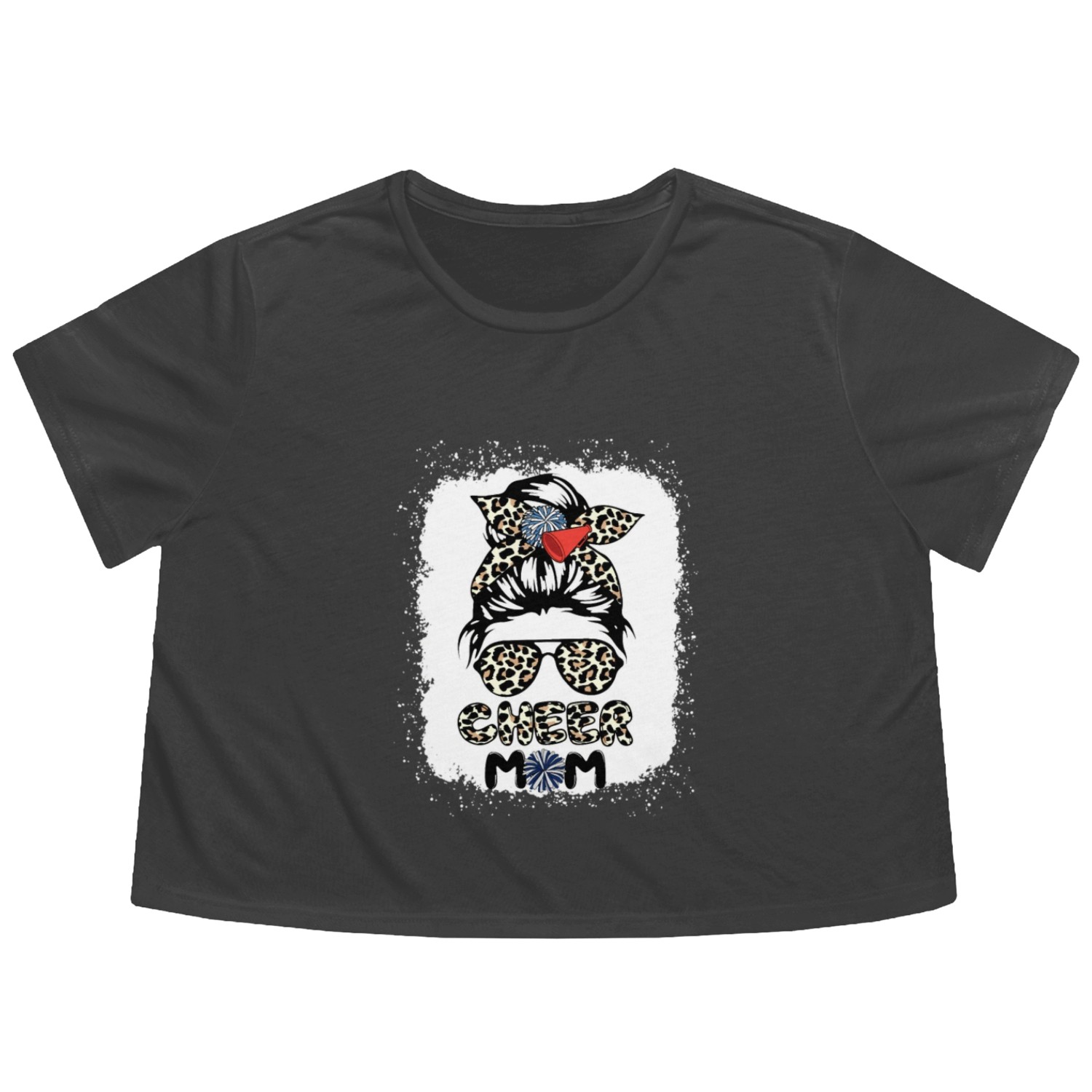 Cheer Mom Leopard Messy Bun Cheerleader Bleached M Flowy Cropped Tees
