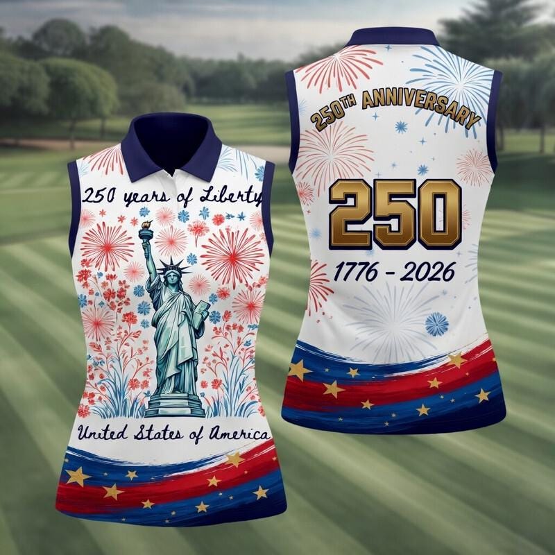 USA 250th Anniversary Women's Sleeveless Golf Polo, Statue of Liberty 1776-2026 Patriotic Shirt, Vintage American Flag Women Golf Top 12