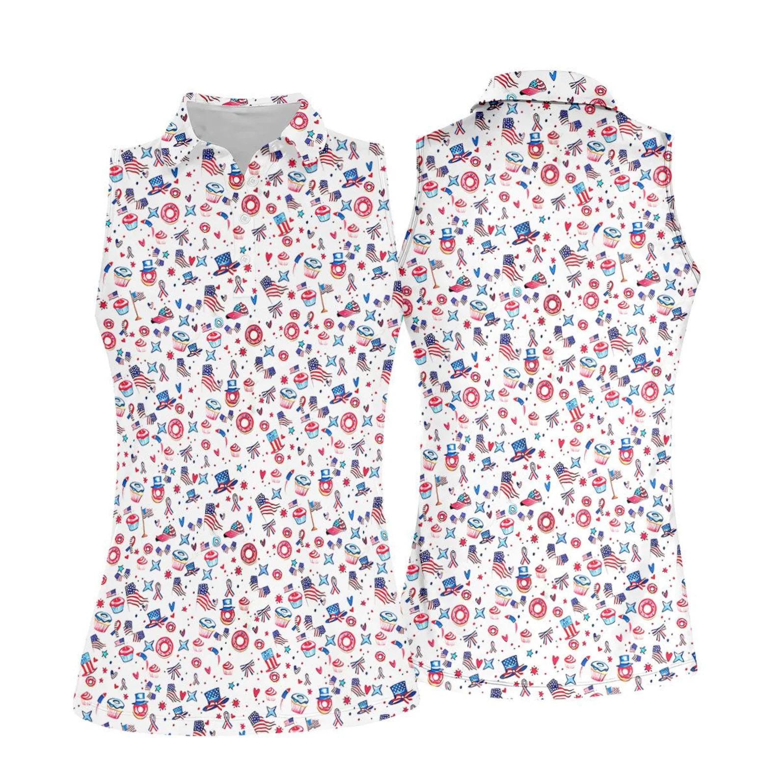 Women's Sleeveless Patriotic Polo Shirt, Red White Blue Golf Tee, USA Theme Golf Polo