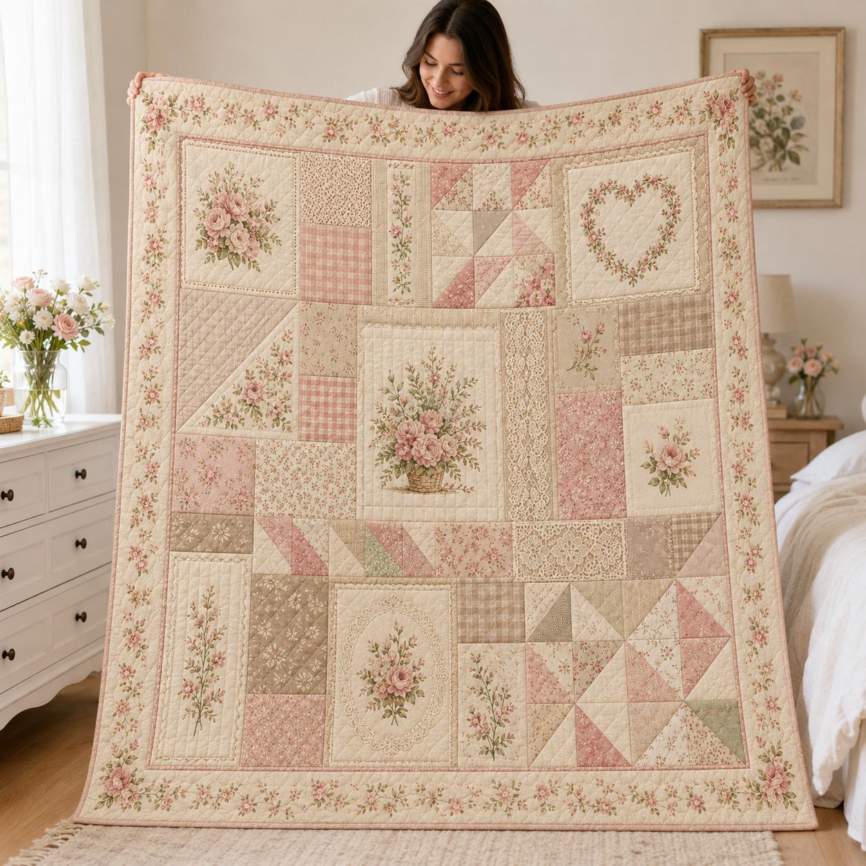 Neutral Floral Patchwork Quilt for Home & Living