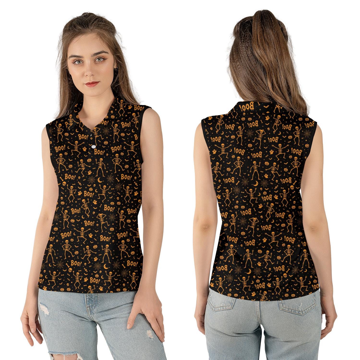 Women Sleeveless Spooky Halloween Polo Shirt, Dancing Skeleton Pumpkin Fall Festival Group Matching Top