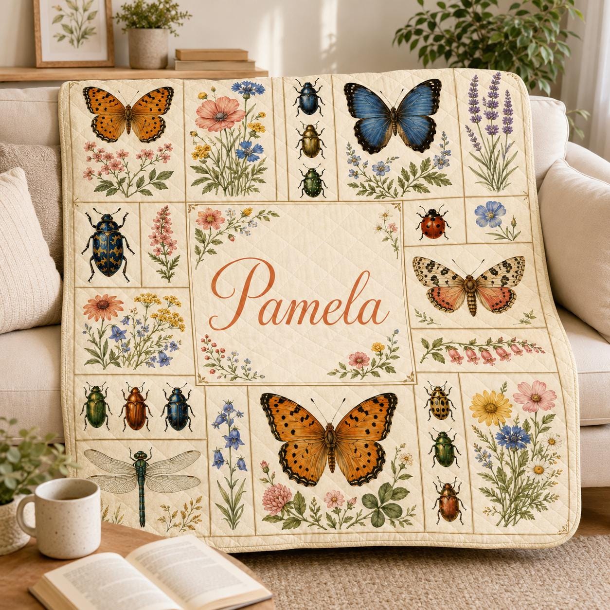 Personalized Butterfly Quilt Blanket, Custom Name Insect Wildflower Throw, Cottagecore Garden Gift