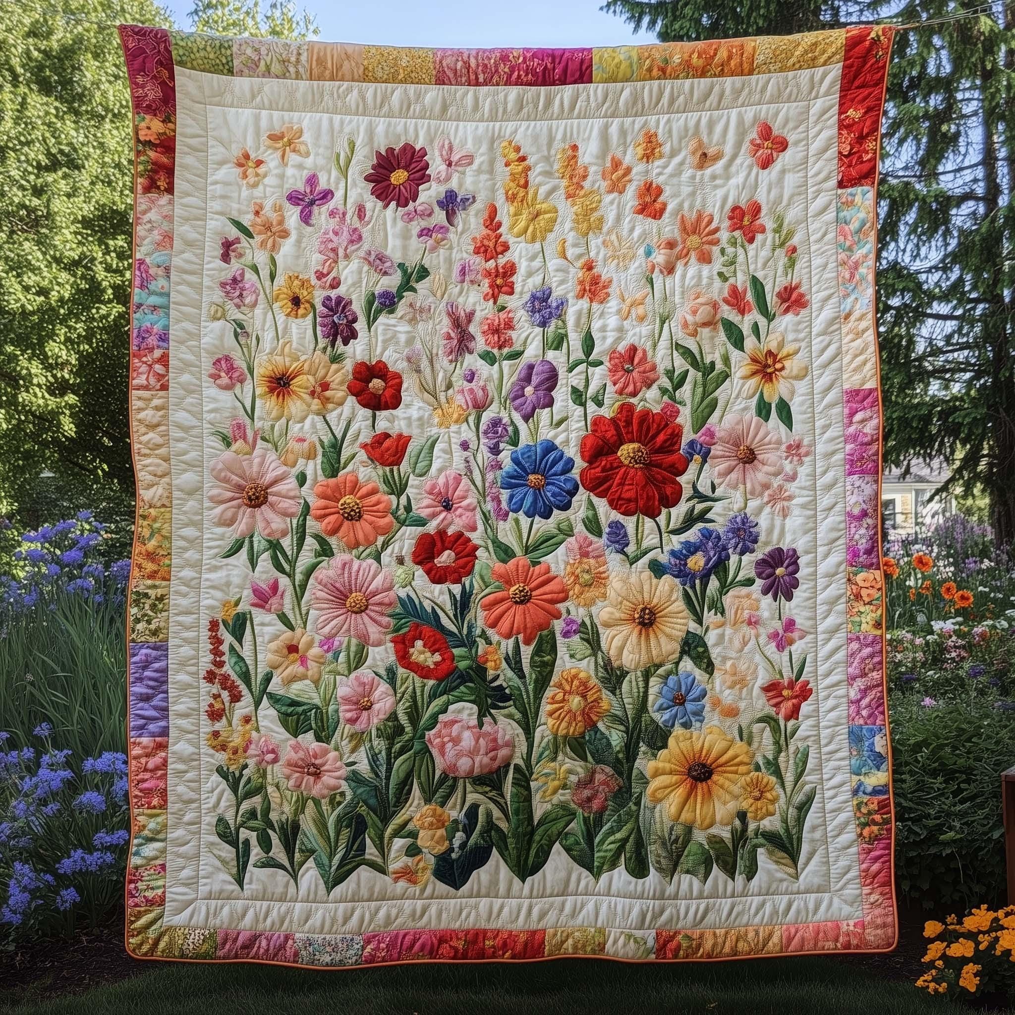 Wildflower Quilt Blanket, Colorful Floral Garden, Vintage Flower Quilt, Cottagecore Home Decor, Nature Lover Gift