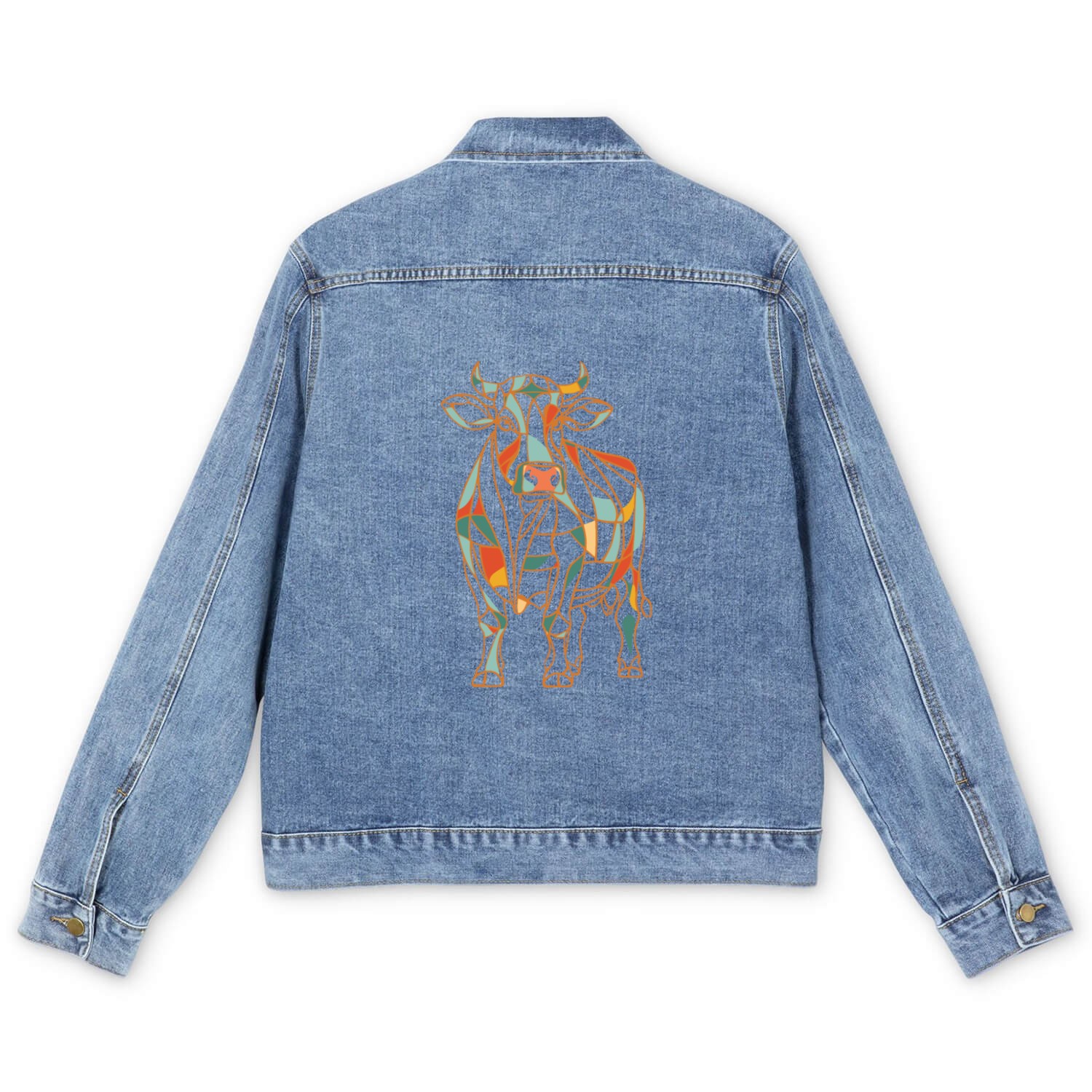 Geometric Farm Animal Graphic Vibrant Cow Men's Denim Jackets