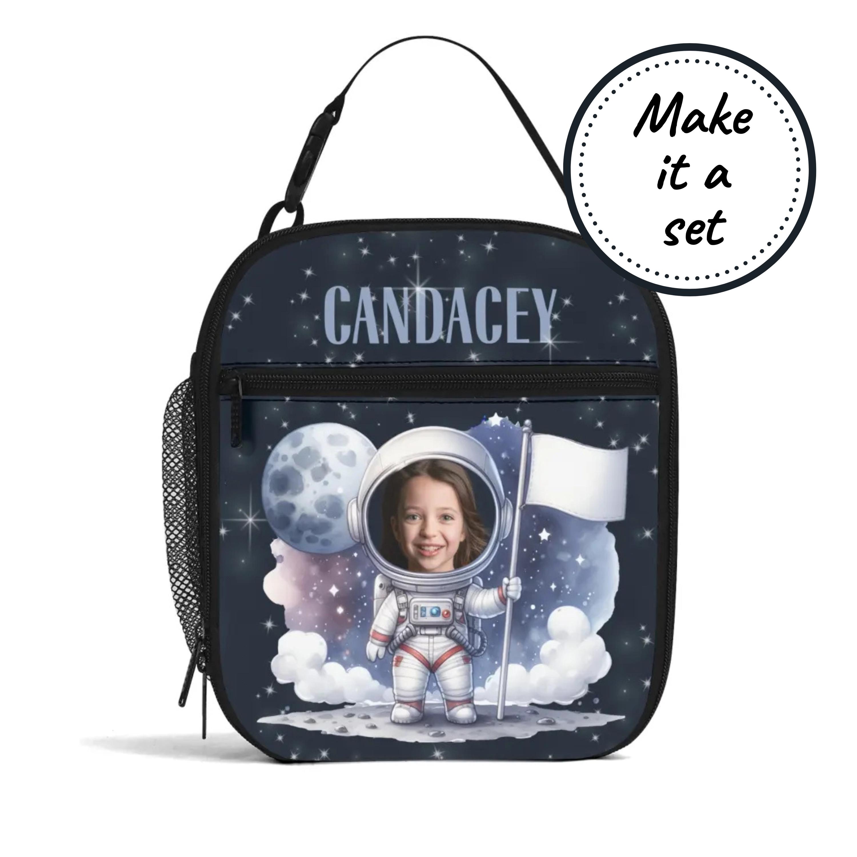 Custom Face & Name Insulated Lunch Bag for Kids with Astronaut, Personalized Food Cooler Lunchbox