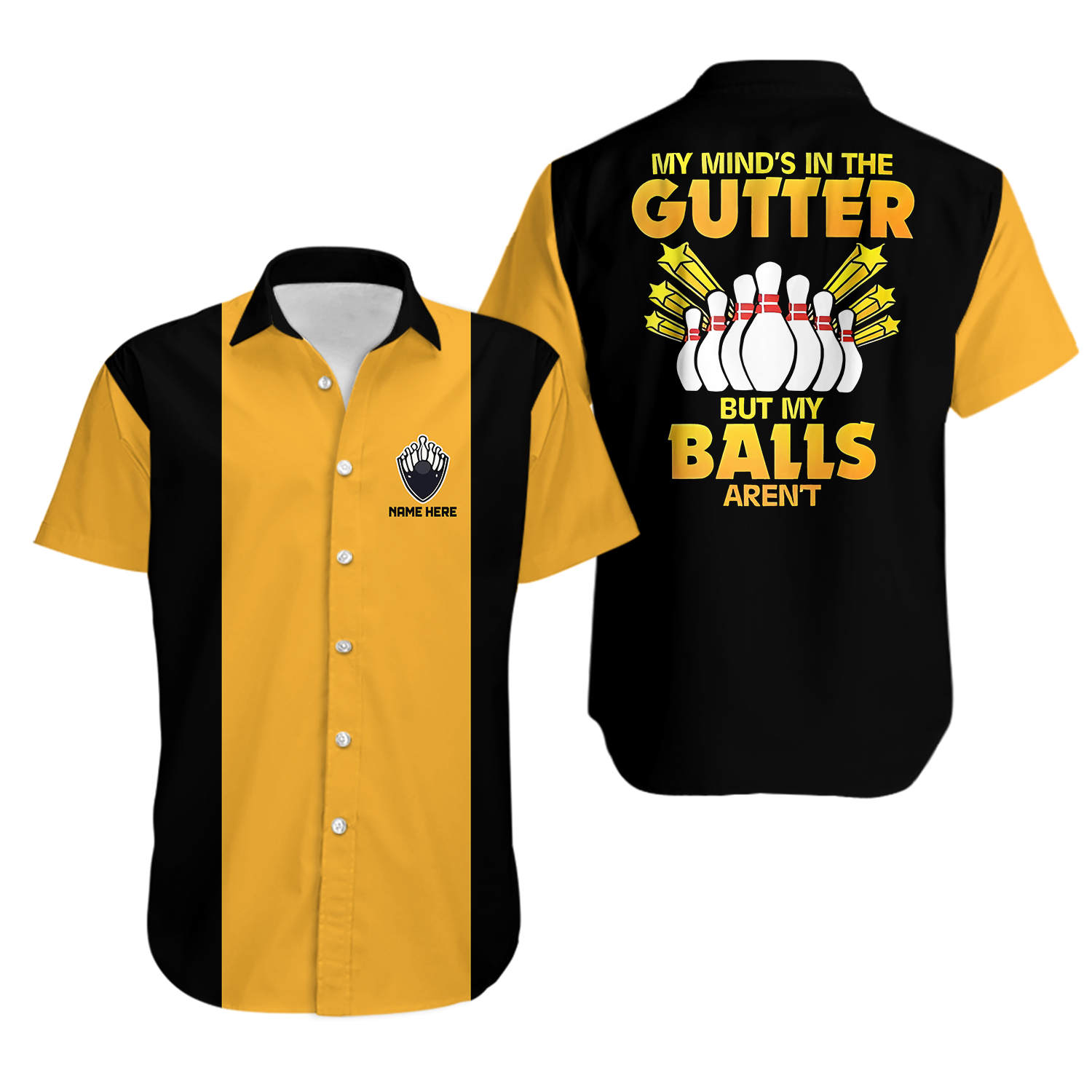 Personalized My Mind's in The Gutter But My Balls Aren't Hawaiian Shirt, Custom Black And Yellow Bowling Team Button Down Shirt, Aloha Gifts
