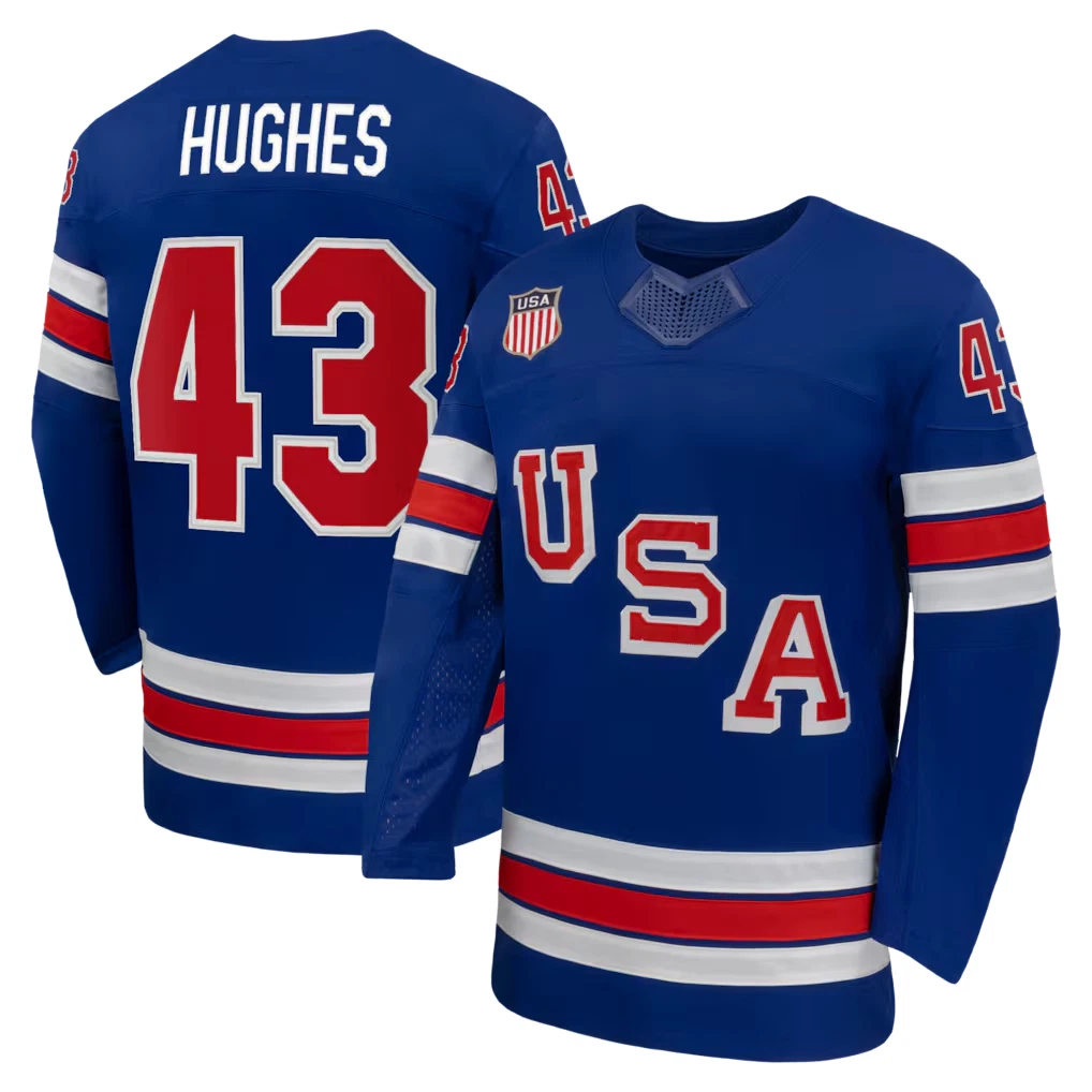 Men's #43 Hughes Royal 2026 Home Replica Hockey Jersey Sz S-6XL