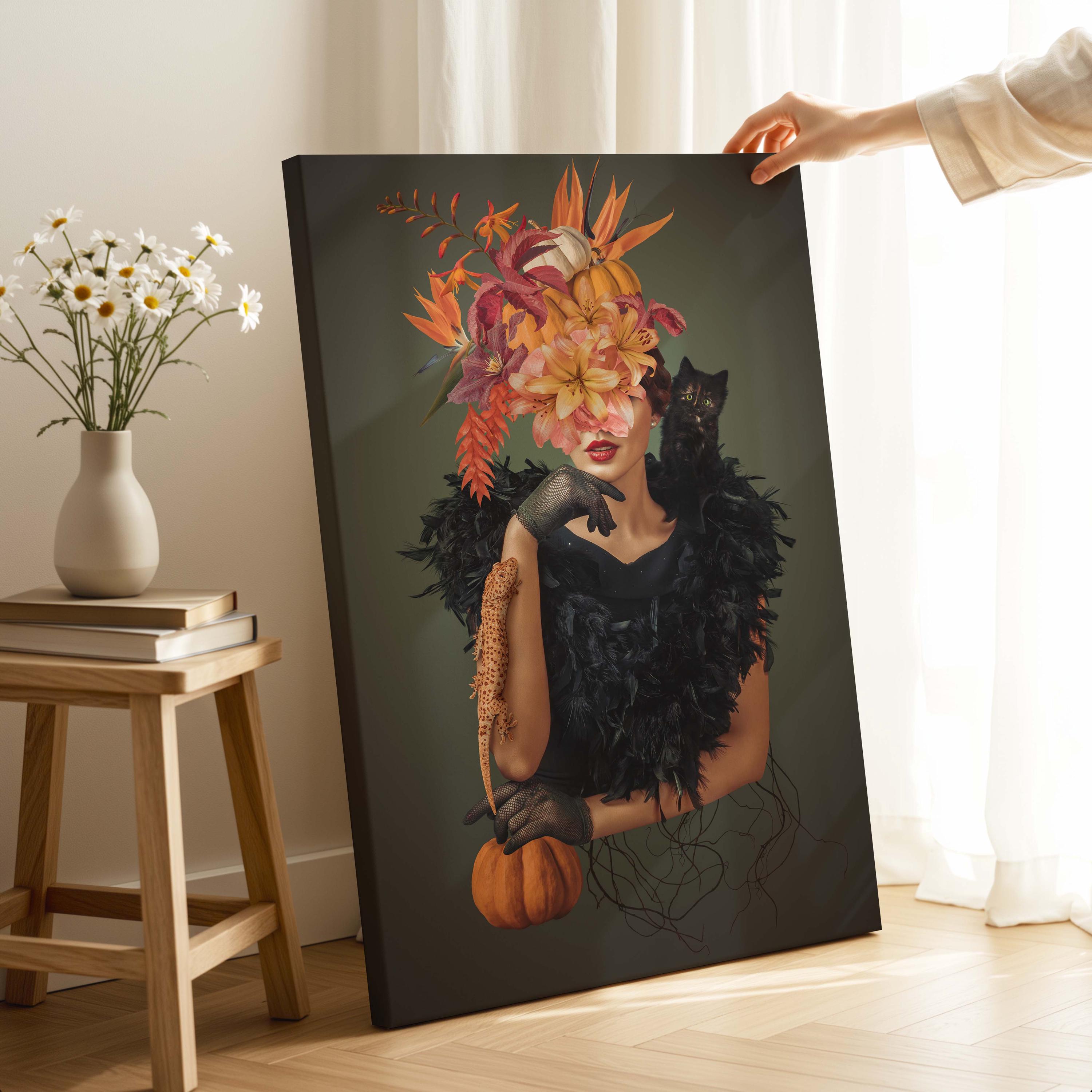 Woman with Cat Canvas Print, Floral Crown, Ready to Hang