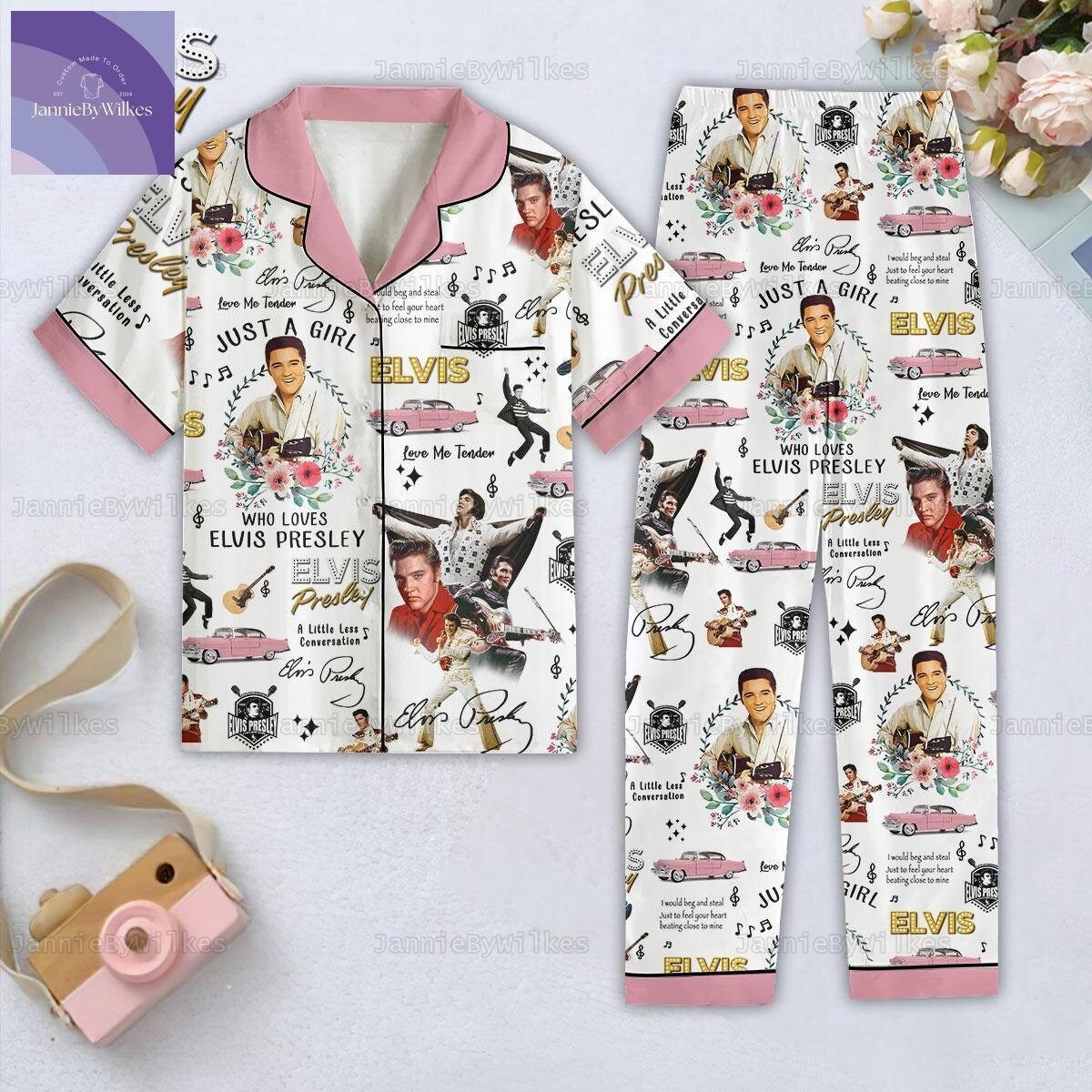 Elvis Presley Short Sleeve Pajamas, King Of Rock And Roll Pjs, Just A Girl Who Loves Elvis Shirt, Elvis Presley Merch, Pajama Set Women