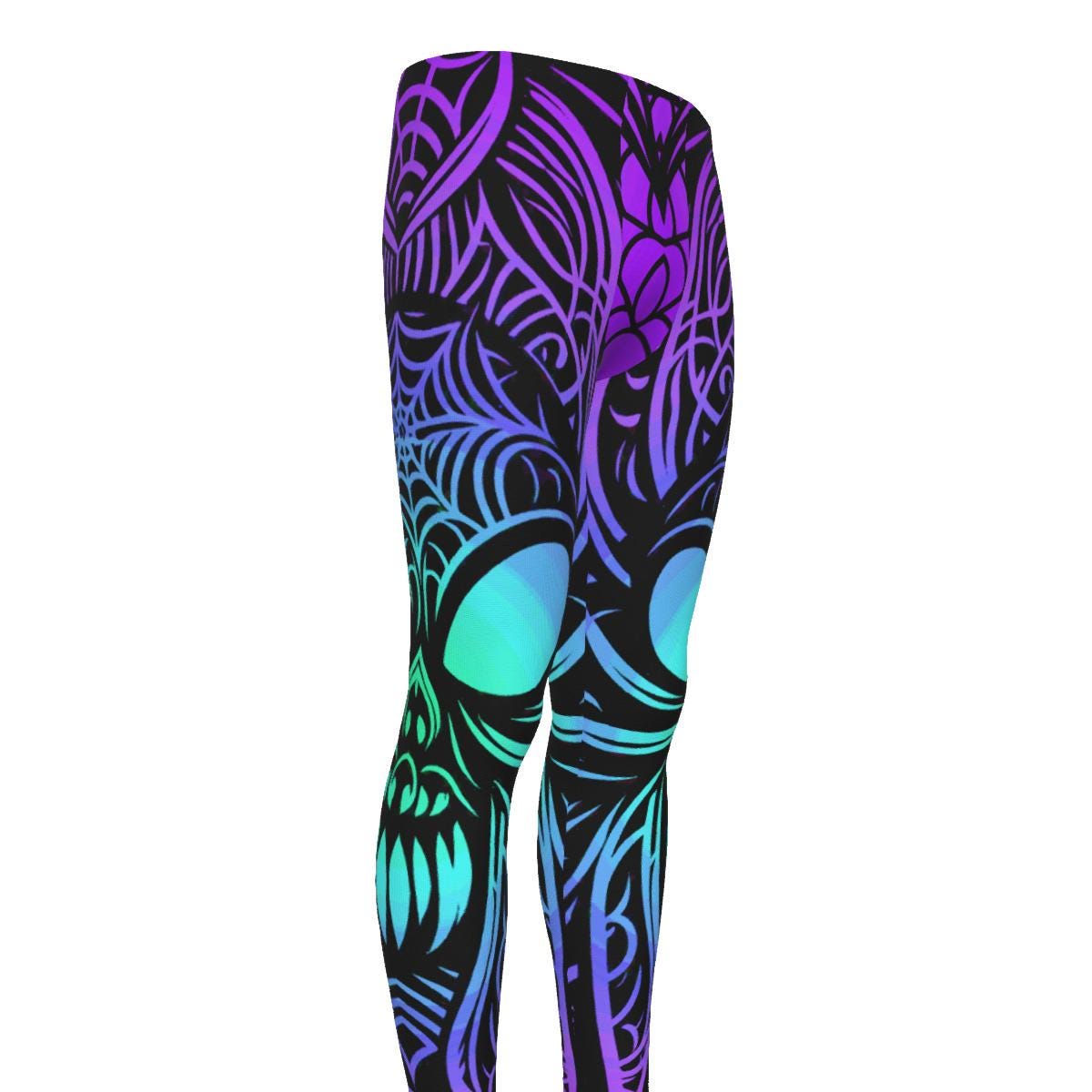Purple Tribal Spider Mens Leggings Graphic SpiderwebInk Workout Pants Borneo Tattoo Cycling Athletic, Fitness Running Exercise Wrestling
