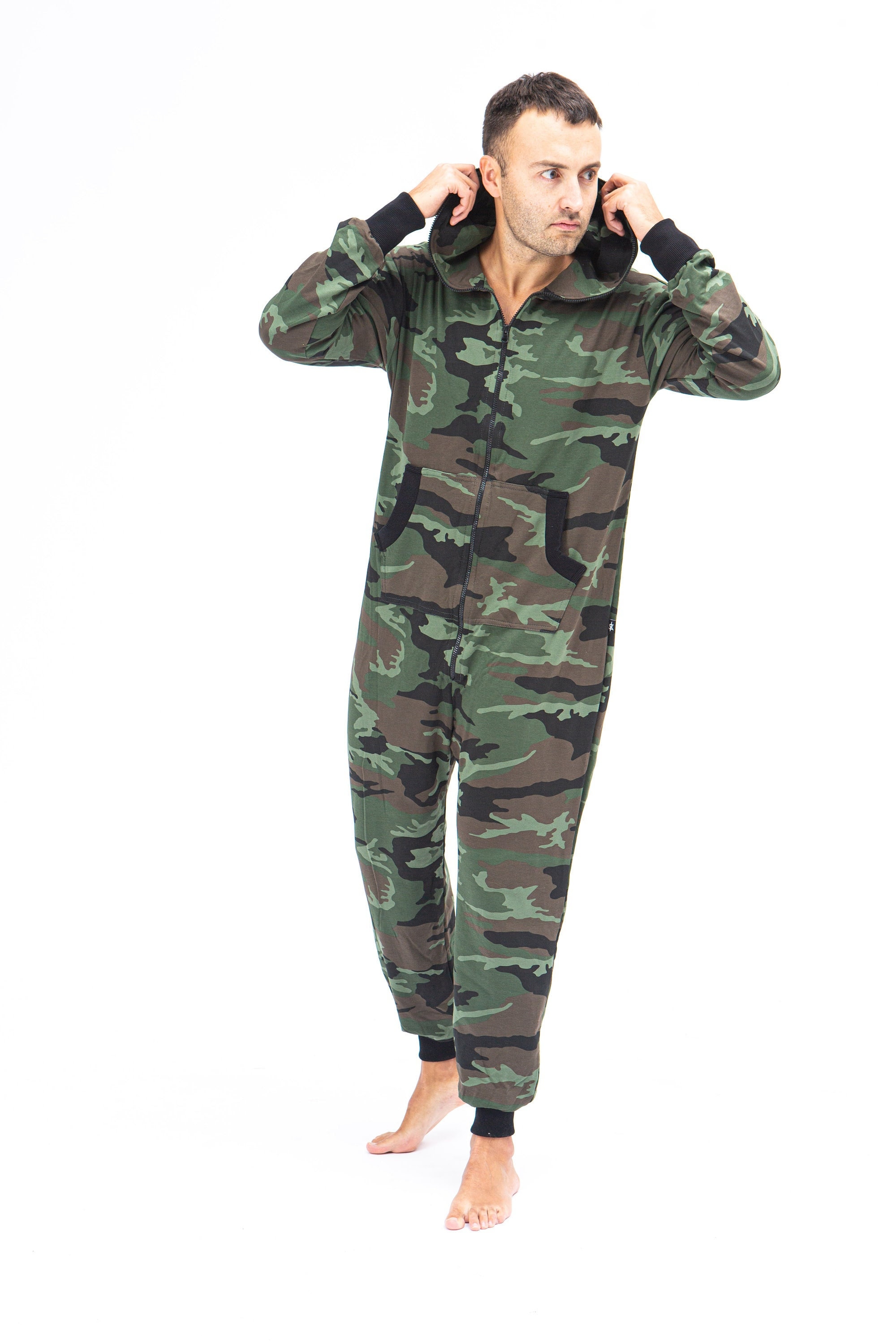 Adult Overall Pajamas - Camouflage Men's Hooded Jumpsuit, Pajamas Winter Warm