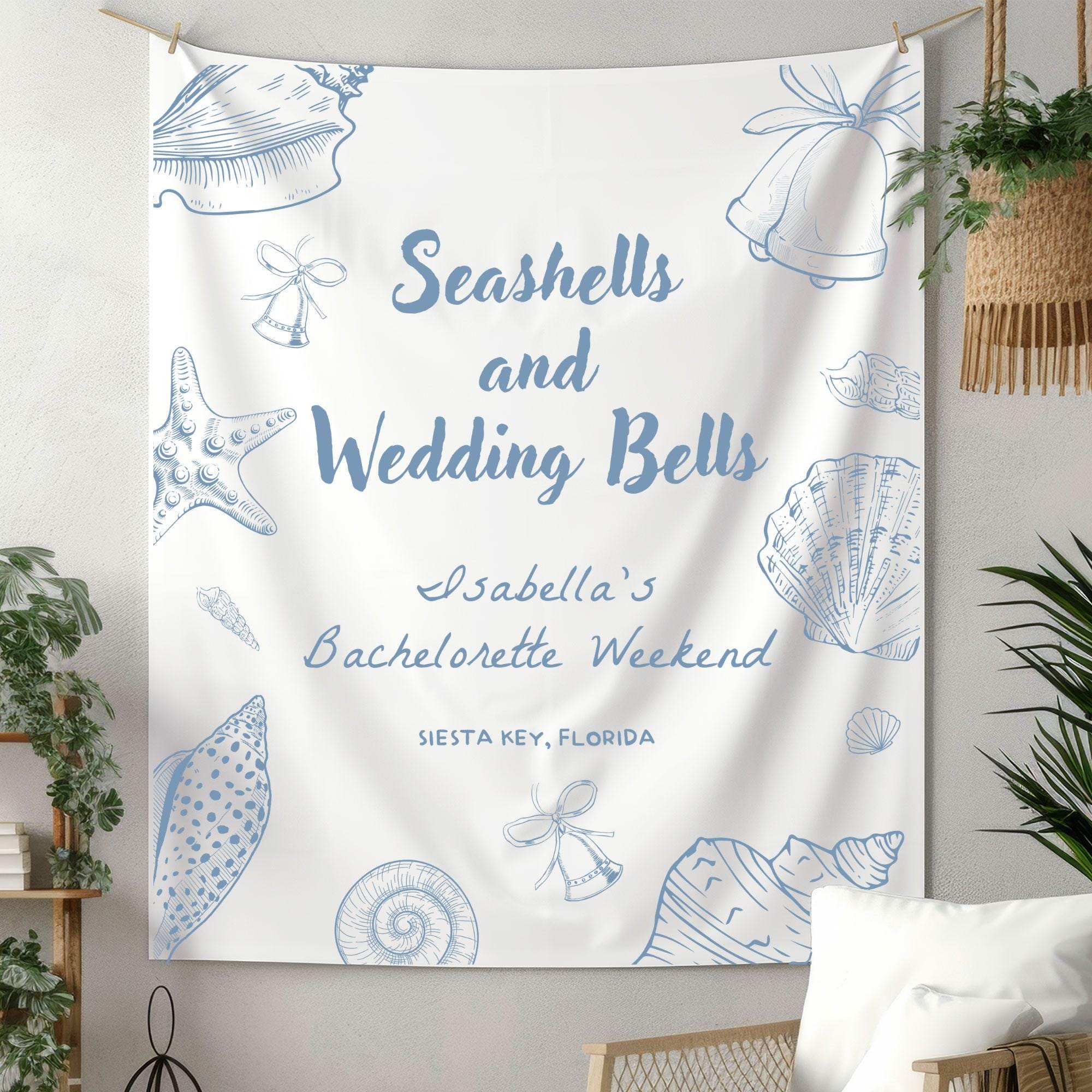 Seashells and Wedding Bells Bachelorette Party Banner Tapestry, Custom Bridal Shower Decor, Beach Wedding Backdrop Coastal Wedding Weekend