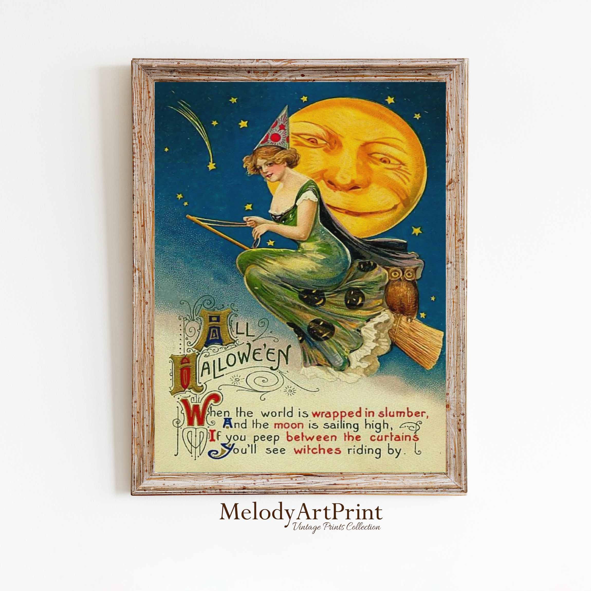 Halloween Witch Pumpkin Moon Owl, Halloween Decor, Vintage Halloween Wall Art