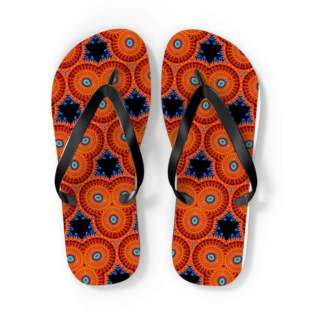 ORANGE FLIP FLOPS | Black Strap Mandala Design Floral Flip Flops | Summer Beach Wear | Beach Lover Gifts | Vacation Beachwear Flip Flops