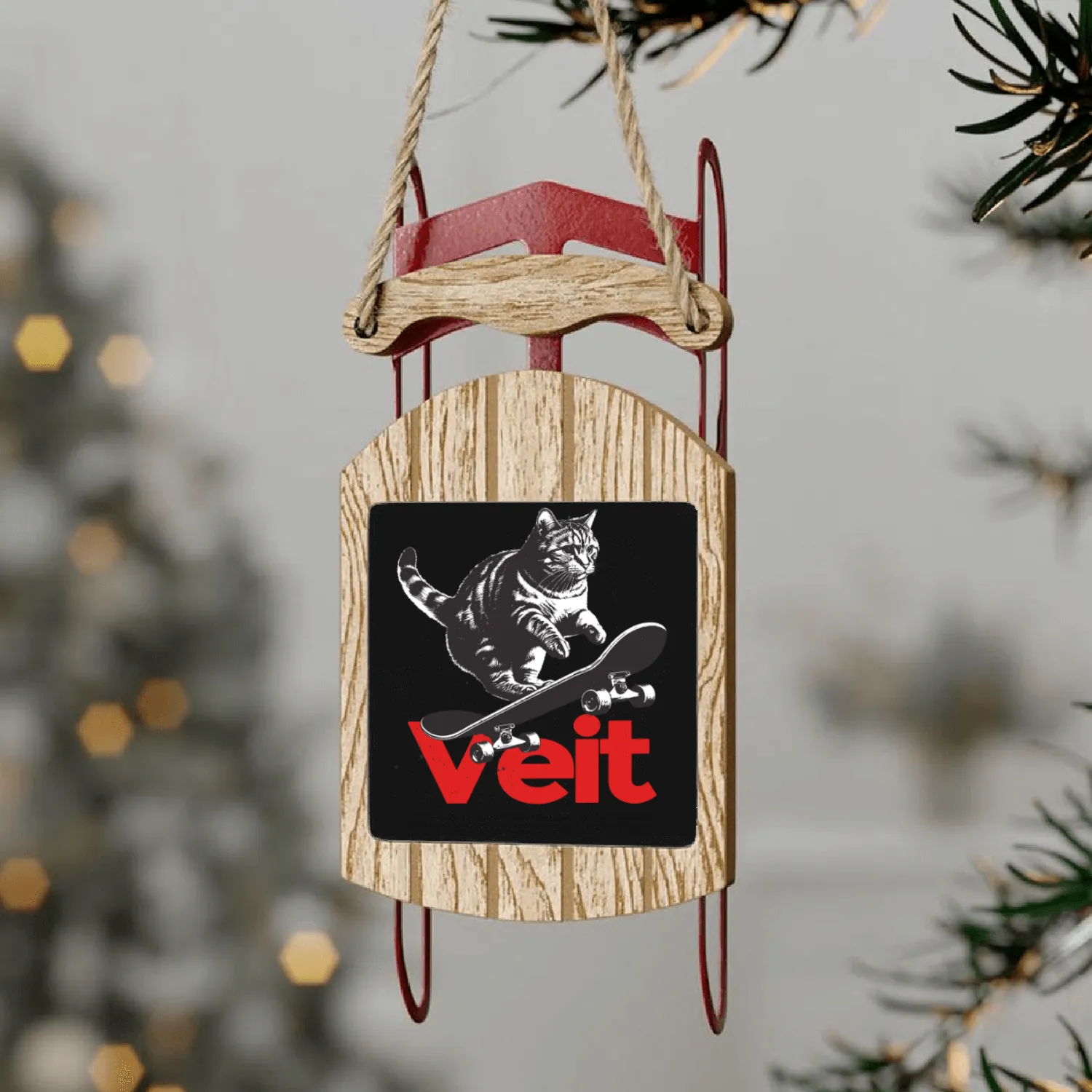 Cool Cat Skateboard with cute Boy Name VEIT Sled Ornaments