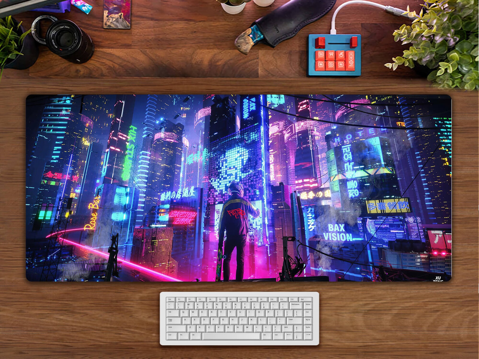 Cyberpunk City Desk Pad(2 Patterns), Retro Vaporwave City Gaming Desk Pad, Neon City Large Gaming Mouse Pad XXL,Japanese City Desk Decor