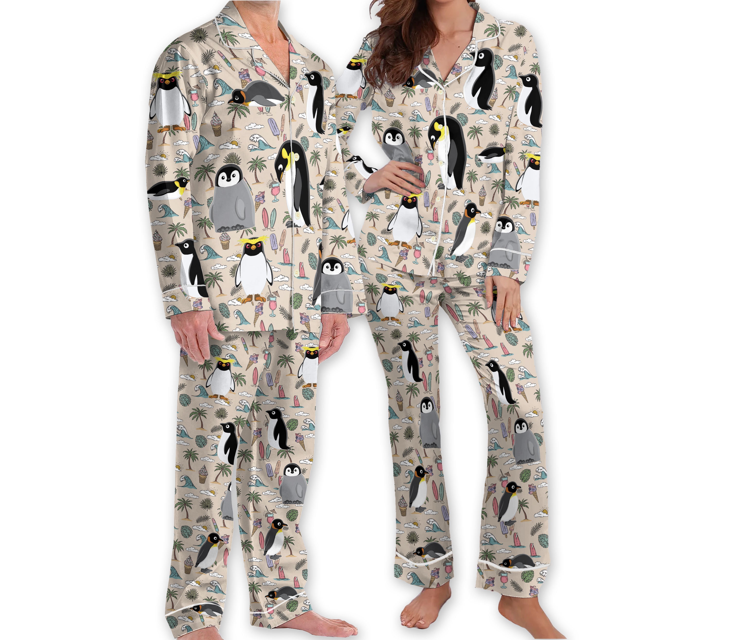 Cute Animal Hawaiian Pajamas Penguin Summer Vacation Pjs Set for Women, Animal Lover Pajamas, Holiday Gift for Her