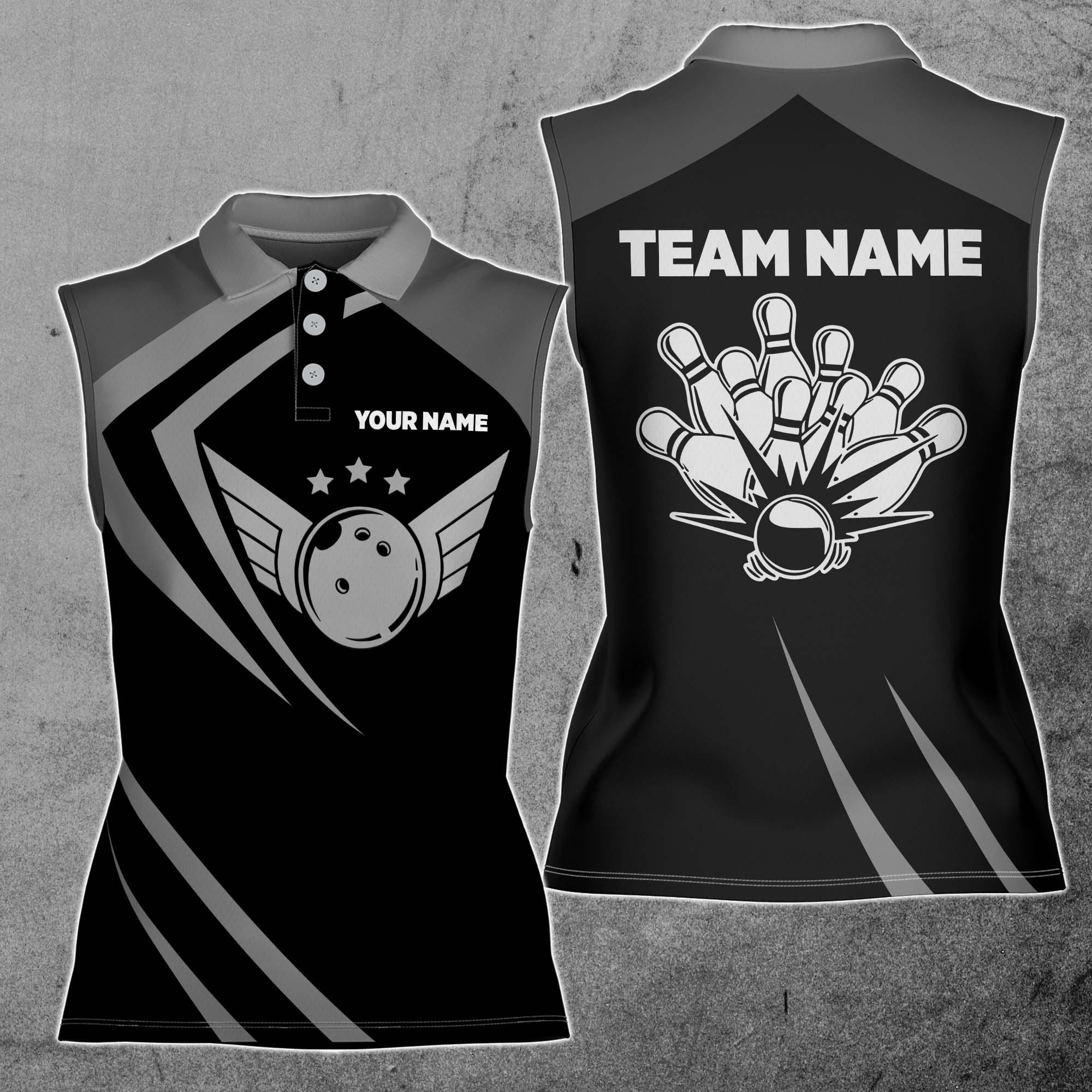 Black Retro Vintage Bowling Custom Bowling Team Women Sleeveless Polo